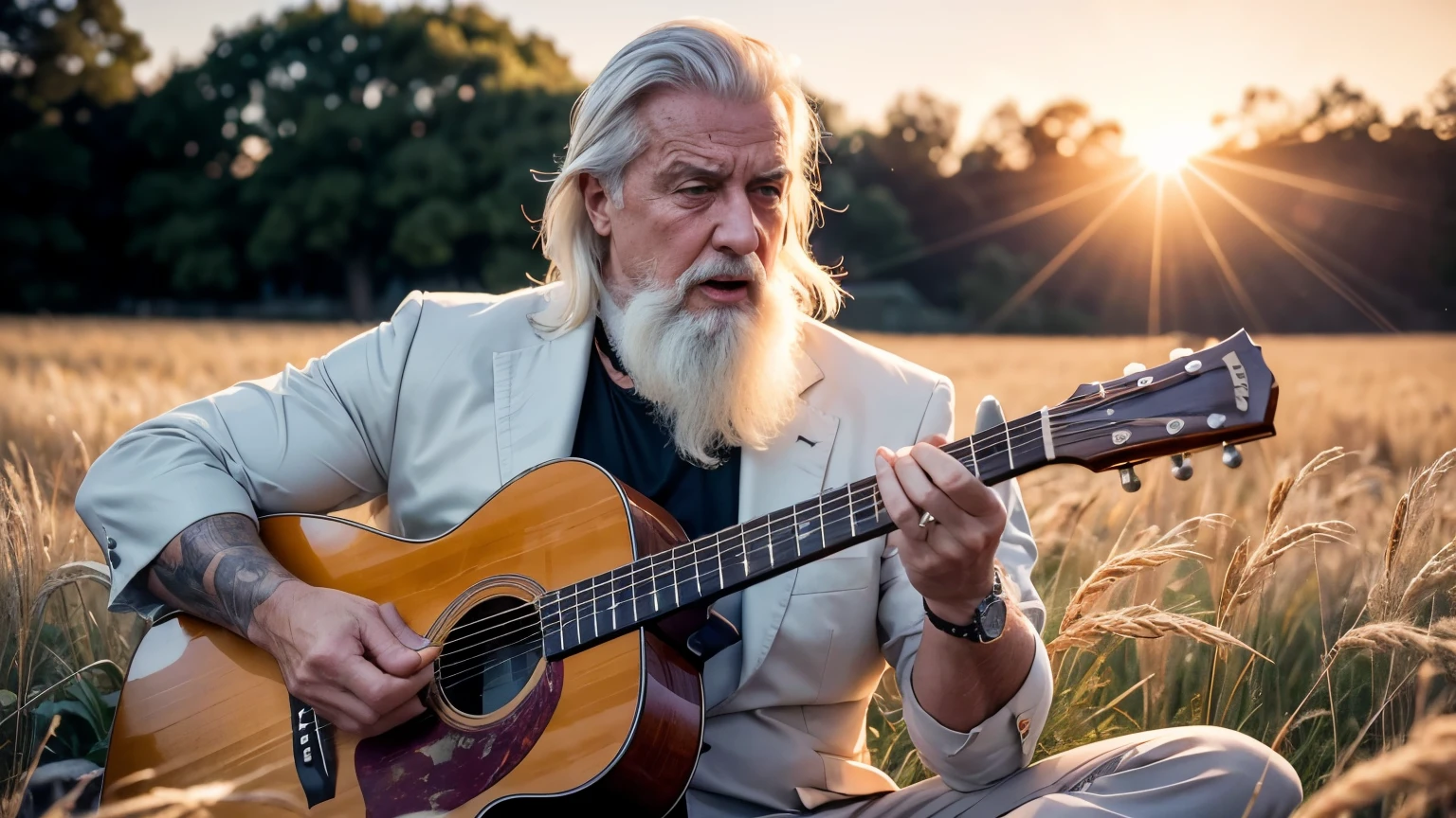 ((best quality)), ((masterpiece)),(detail), perfect face, image of Sylvester Stallone with white hair and white beard playing the guitar in the middle of a barley field, a beautiful middle-aged woman sitting next to him, the color of the sun orange, orange light reflecting on body, wearing formal vintage clothes, romantic style, retro vintage and romanticism, blurred background image, sunset light, warm orange background color, occupied subject 1/3 frame, hyper-realistic photos, 8k, ultra high resolution, sharp faces