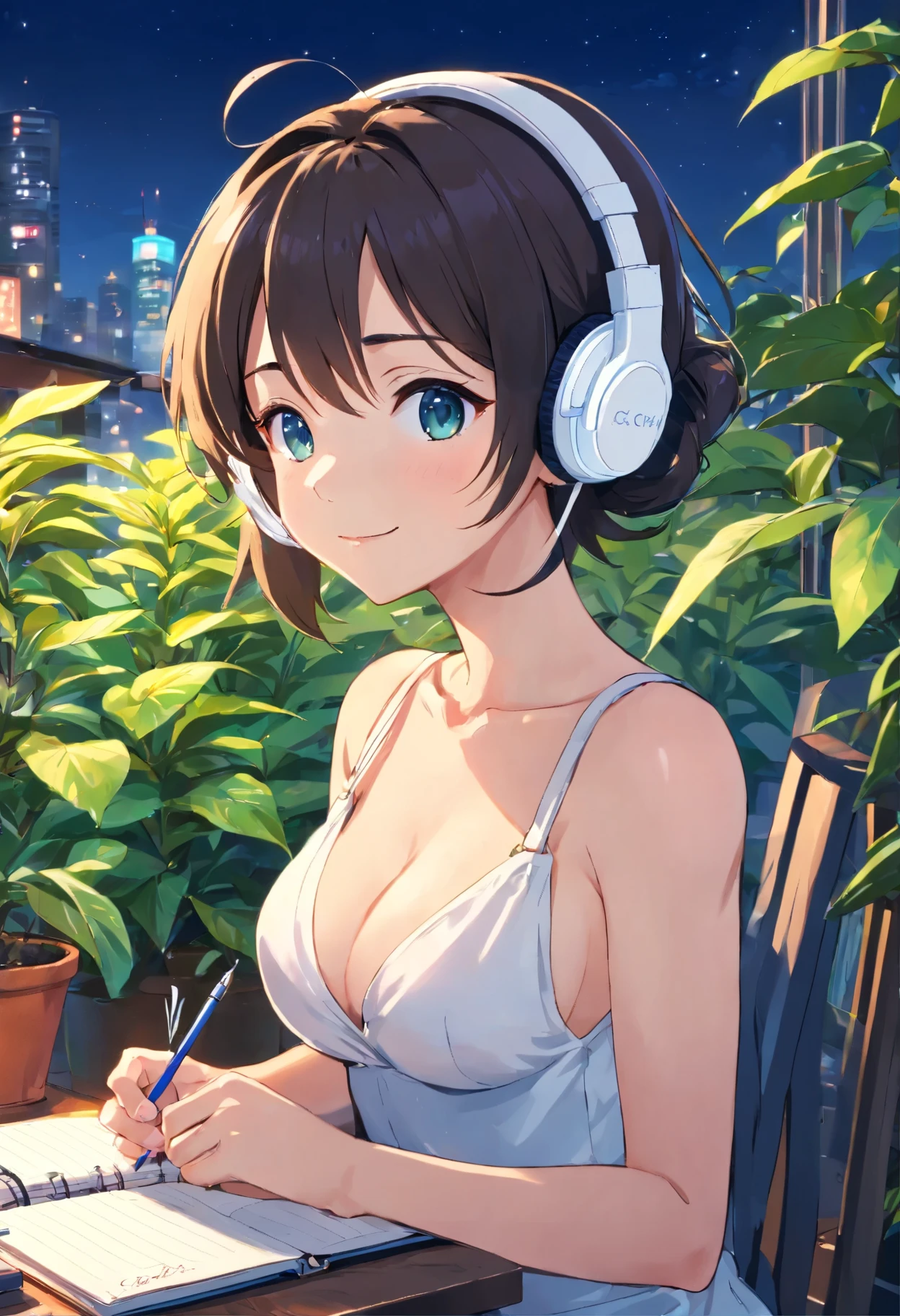 Anime girl, (wearing white headphones:1.4), sitting on a chair, (writing a diary:1.4), holding a pen in her right hand, her left elbow bent with hand slightly raised not holding a pen, short ponytail, black hair, 24 years old, wearing a white fitted and cropped camisole that exposes her midriff and reveals her shoulders and cleavage, (Exposed cleavage:1.3), big breasts G-cup, (revealing skin:1.5), slender yet feminine figure, lofi girl anime vibes, lofi artstyle, anime style 4k, anime aesthetic, nightcore, lofi feel, lofi art, anime art wallpaper 4k, anime wallpaper 4k, lofi vibes, surrounded by many potted plants and greenery, creating a soothing green and blue toned space, sitting at a neatly organized desk, a lighted candle on the table, Tokyo view, city view, with a view of a large caldera, at night, smile, laughing, anime style, Sony FE GM, masterpiece, best quality, 4K