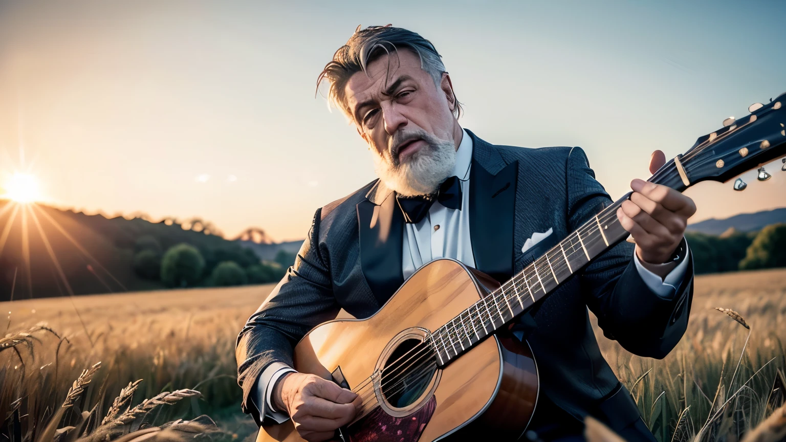 ((best quality)), ((masterpiece)),(detail), perfect face, image of Sylvester Stallone with white hair and white beard playing the guitar in the middle of a barley field, a beautiful middle-aged woman sitting next to him, the color of the sun orange, orange light reflecting on body, wearing formal vintage clothes, romantic style, retro vintage and romanticism, blurred background image, sunset light, warm orange background color, occupied subject 1/3 frame, hyper-realistic photos, 8k, ultra high resolution, sharp faces