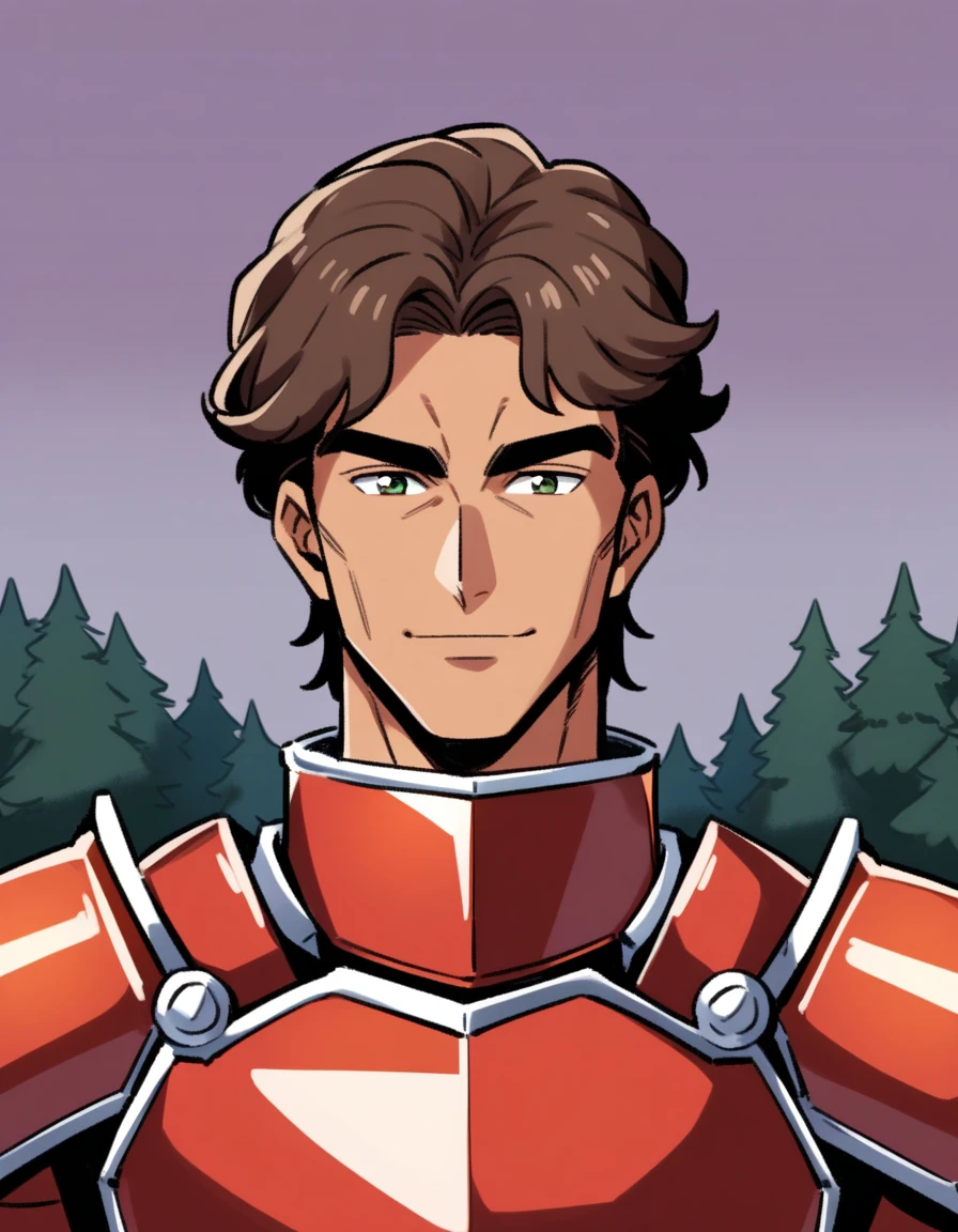 1980s, 1father, musclar Knight, solo, parted bangs, upper waist, 40yo, brown hair, evergreen eyes, red full plate armor, thick brown eyebrow, sanpaku, tanned skin, small eyes, light smile, top of head in frame, [facial wrinkles], visual novel, short haired male