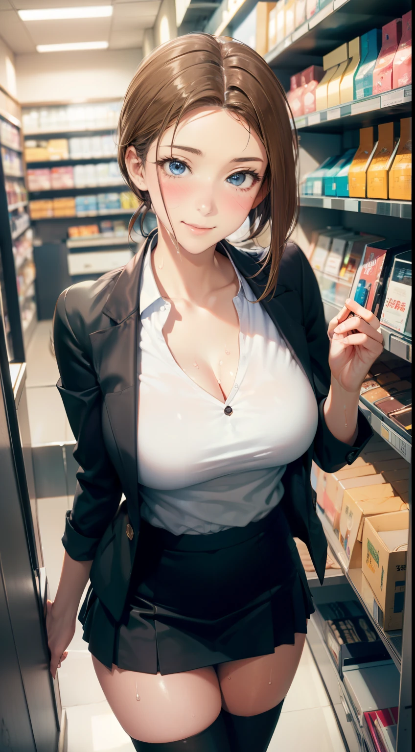 (be familiar with, masterpiece, highest quality, Complex),

cowboy shot, Kyoka Tachibana,

big breasts, 
1 girl, alone, At a convenience store,
cute eyes, beautiful face, perfect round butt, 
fit and body, female pervert,

The jacket is a cute thin shirt, Cleavage is exposed, Beautiful woman in a white shirt and miniskirt, super mini tight skirt, smile, 

black high-heels, Thighhighs, black_leg wear,

early teens, alone, pale skin,
blue eyes, ((beautiful mature woman)),
no_bar,

enchanting smile, naughty face, Sweat, vapor, embarrassed, blush, Excited, (spoken heart),

Are standing, Best Sexual Poses, cover the crotch,

(At a convenience store), Near the Ocean shore, (window, Ocean, null, cloud, Day), summer, indoor, perspective, bright lighting, Shelves with many products displayed, white wall,