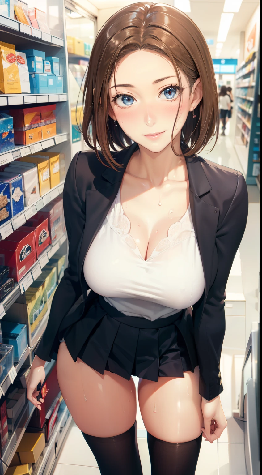 (be familiar with, masterpiece, highest quality, Complex),
cowboy shot, Kyoka Tachibana,
big breasts,
1 girl, alone, At a convenience store,
cute eyes, beautiful face, perfect round butt,
fit and body, female pervert,
The jacket is a cute thin shirt, Cleavage is exposed, Beautiful woman in a white shirt and miniskirt, super mini tight skirt, smile,
black high-heels, Thighhighs, black_leg wear,
early s, alone, pale skin,
blue eyes, ((beautiful mature woman)),
no_bar,
enchanting smile, naughty face, Sweat, vapor, embarrassed, blush, Excited, (spoken heart),
Are standing, Best Sexual Poses, cover the crotch,
(At a convenience store), Near the Ocean shore, (window, Ocean, null, cloud, Day), summer, indoor, perspective, bright lighting, Shelves with many products displayed, white wall,