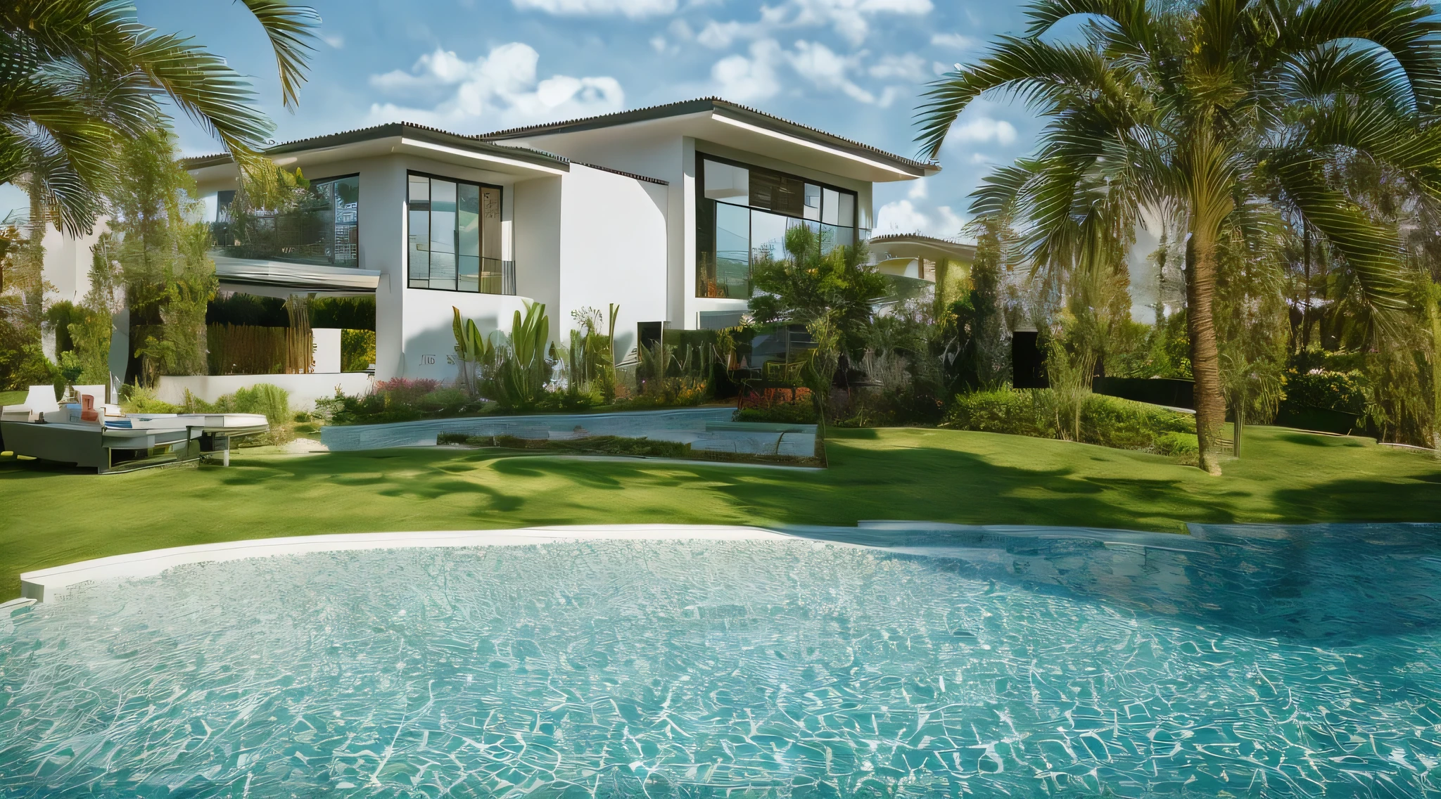 Modern villa, daylight, clear images, beautiful girls swimming in the pool