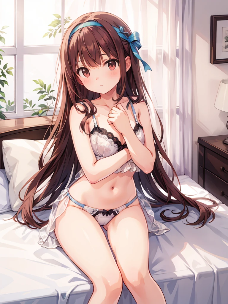 masterpiece, beautiful illustrations, highest quality, pretty girl, 1girl, Bedroom, pastel colour, (two-separated lingerie), cute lingerie, reddish brown long hair, headband, bright lighting, presenting, looking at viewer, on bed