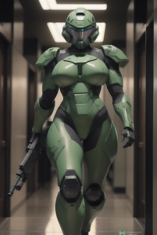 A badass muscular 21 year old female wearing green doomguy doom marine armor and helmet from DOOM with large breasts holding gigantic futuristic rifle walking down hallway of futuristic space station, remove chest armor
