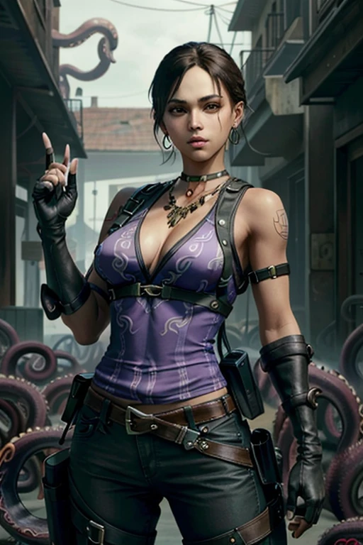 (masterpiece, highest quality)
Sheva RE, 1 girl, gloves, jewelry, fingerless gloves, earrings, short hair, tattoo, holster, black skin, pants, shoulder holster, realistic, black hair, black skin, ((((Countless many manytentacles cling to your body)))),nfsw