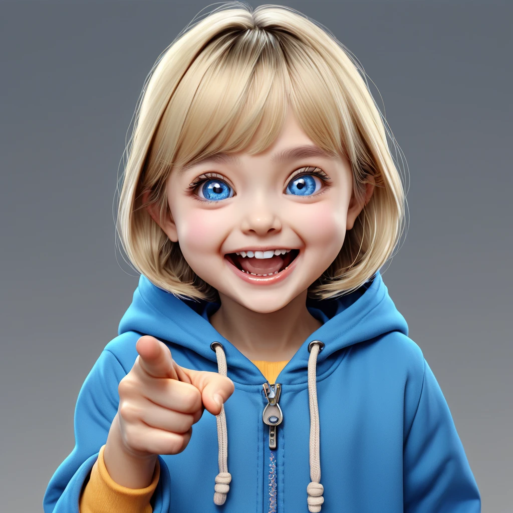 (((happy Smile with open mouth, closed teary blue eyes, small hands holding stomach, pointing small finger))), ((big chibi head)), portrait, (wide open mouth), blue hoodie, [wrinkles near the nose:0.5], (simple gray background),  girl, [Nordic:Icelandic:0.5], Hourglass body, perfect Olive skin, big Oval Face, Long neck, Rounded shoulders, slim fitness arms, Attached Pointed ears, Short blonde Beach Waves pixie haircut Parting centre hair, snub nose, High Round Narrow cheekbones, Dimpled Cheeks, Rounded Chin, Nude Makeup Look, long eyelashes, third breast size, 8k, vray, IMax, hyperrealism, perfect light, bokeh Carl Zeiss 85mm, small depth of field, photorealistic, masterpiece, high resolution, best quality, cinematic shot, ultra-detailed, super realistic, Hyperrealistic art, high-quality, ultra high res, highest detailed, lot of details, Extremely high-resolution details, photographic, realism pushed to extreme, incredibly lifelike, atmospheric perspective (focus on face), realistic skin, soft light, detailed skin, colourful, soft cinematic light, (perfect skin), 
realistic skin texture, [wrinkles near the eyes:0.5]