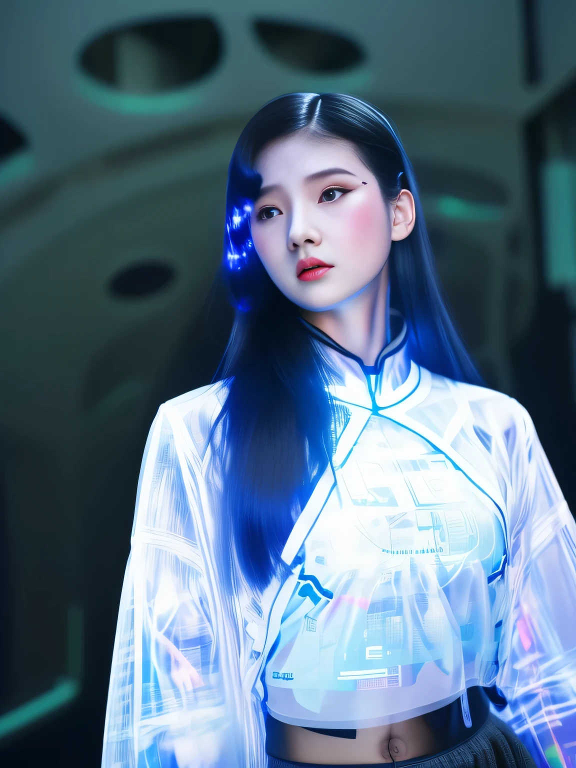 Asian girls,cartoon,full of imagination,Technologically charged graphics,Surrealism,Clothes full of technological elements,cyberpunk clothes,Blue future technology,3D stereoscopic face,Mecha,Future technology accessories,Holographic projection,fluorescence,cyberpunk,Dreamy tones,Unreal Engine
