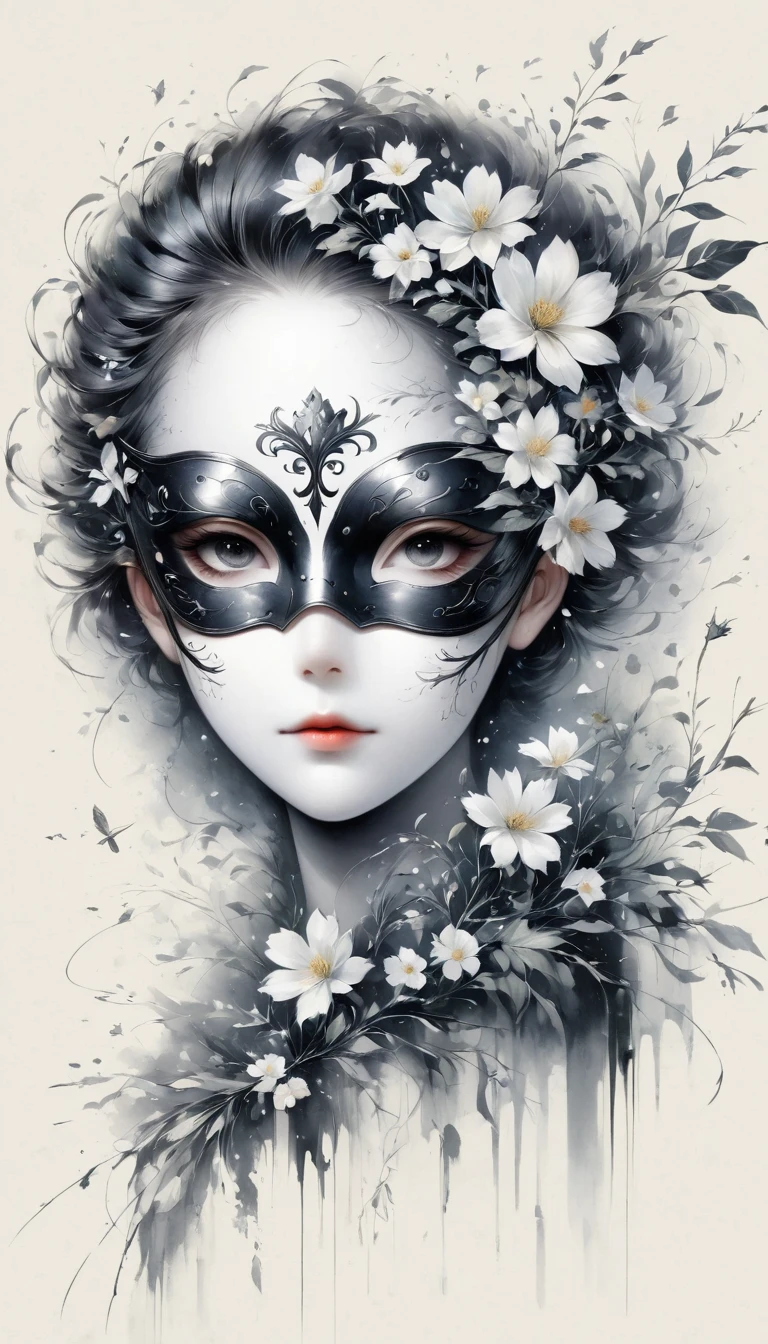 (Anime line drawing:1.5)，(black and white painting:1.45)，Minimalism，(line art:1.6)，sketch，Charcoal drawing，mask，flower,，Illustration in surreal art style，surreal dream，