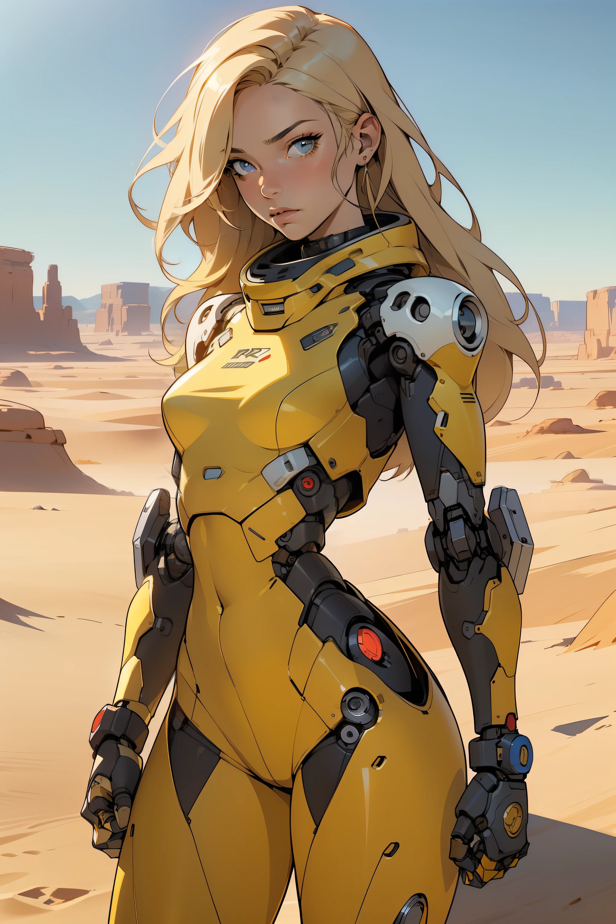 high quality, 4k, masterpiece, beautiful, cyborg girl, cowboy shot, dull eyes, front, looking at viewer, long blonde hair, girl, small breasts, fit thighs, robotic arms, robotic body, cyborg body, yellow uniform, red accent, intricate detail, joint, detailed lines, robotic detail, holding fist up, holding hand up as fist, color robotic parts, robotic parts with color, perfect fingers, on a desert planet, sunny background, colorful desert, a river or a lake in the background
