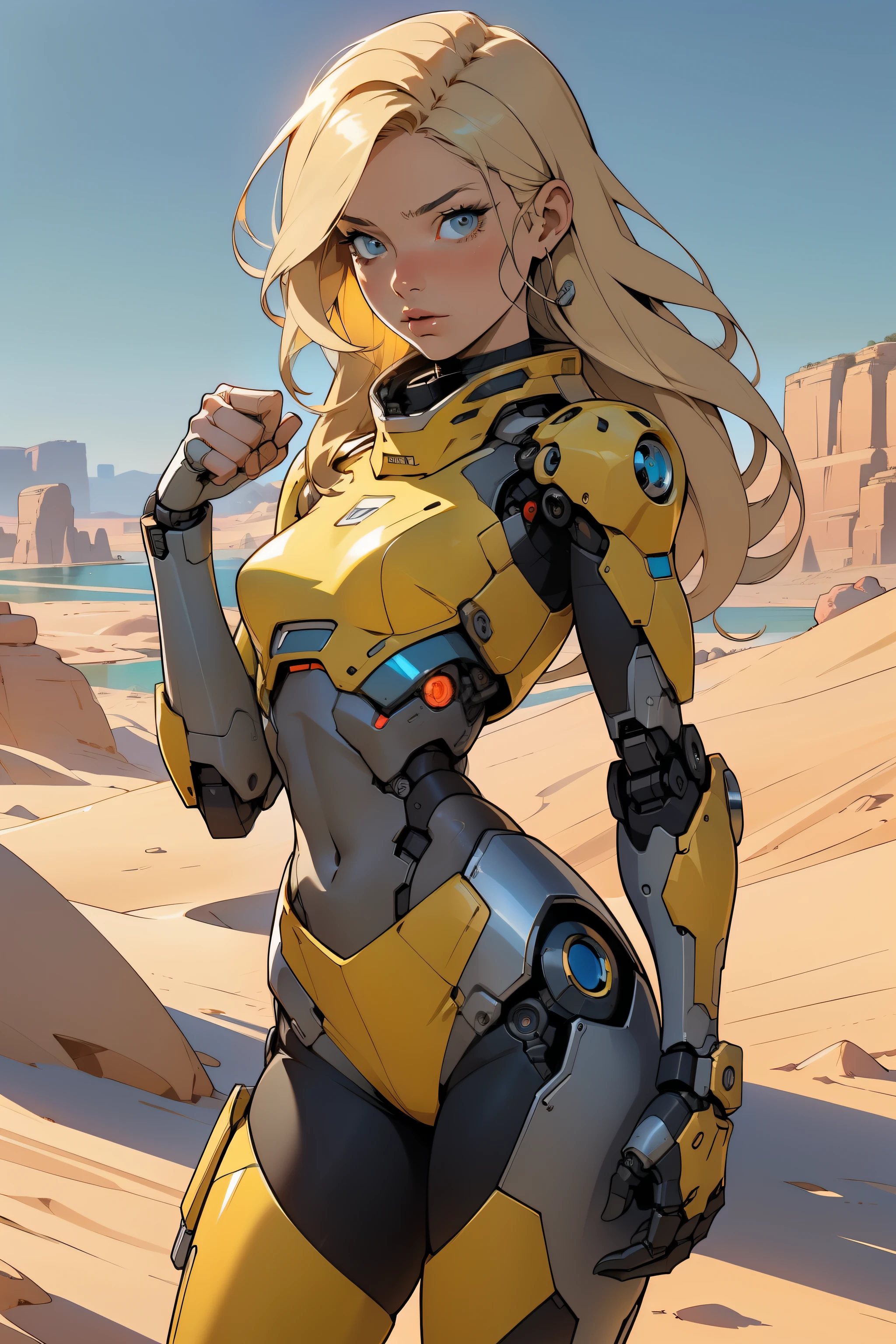 high quality, 4k, masterpiece, beautiful, cyborg girl, cowboy shot, dull eyes, front, looking at viewer, long blonde hair, girl, small , fit thighs, robotic arms, robotic body, cyborg body, yellow uniform, red accent, intricate detail, joint, detailed lines, robotic detail, holding fist up, holding hand up as fist, color robotic parts, robotic parts with color, perfect fingers, on a desert planet, sunny background, colorful desert, a river or a lake in the background
