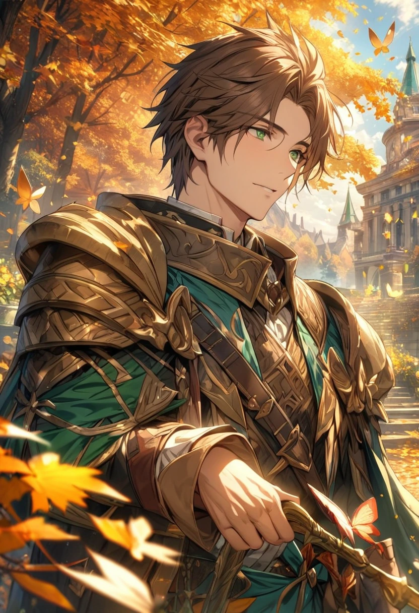 absurdres, highres, ultra detailed, HDR), master piece, best quality, Sorey, brown hair, expressive green eyes, Tales of Zestiria, 1man, handsome, autumn, golden leaves, petals, flowers, butterflies