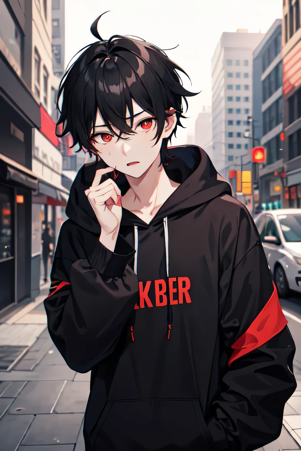1boy,city,black Lakers hoodie,tied hair,black hair,red eyes,using piercing