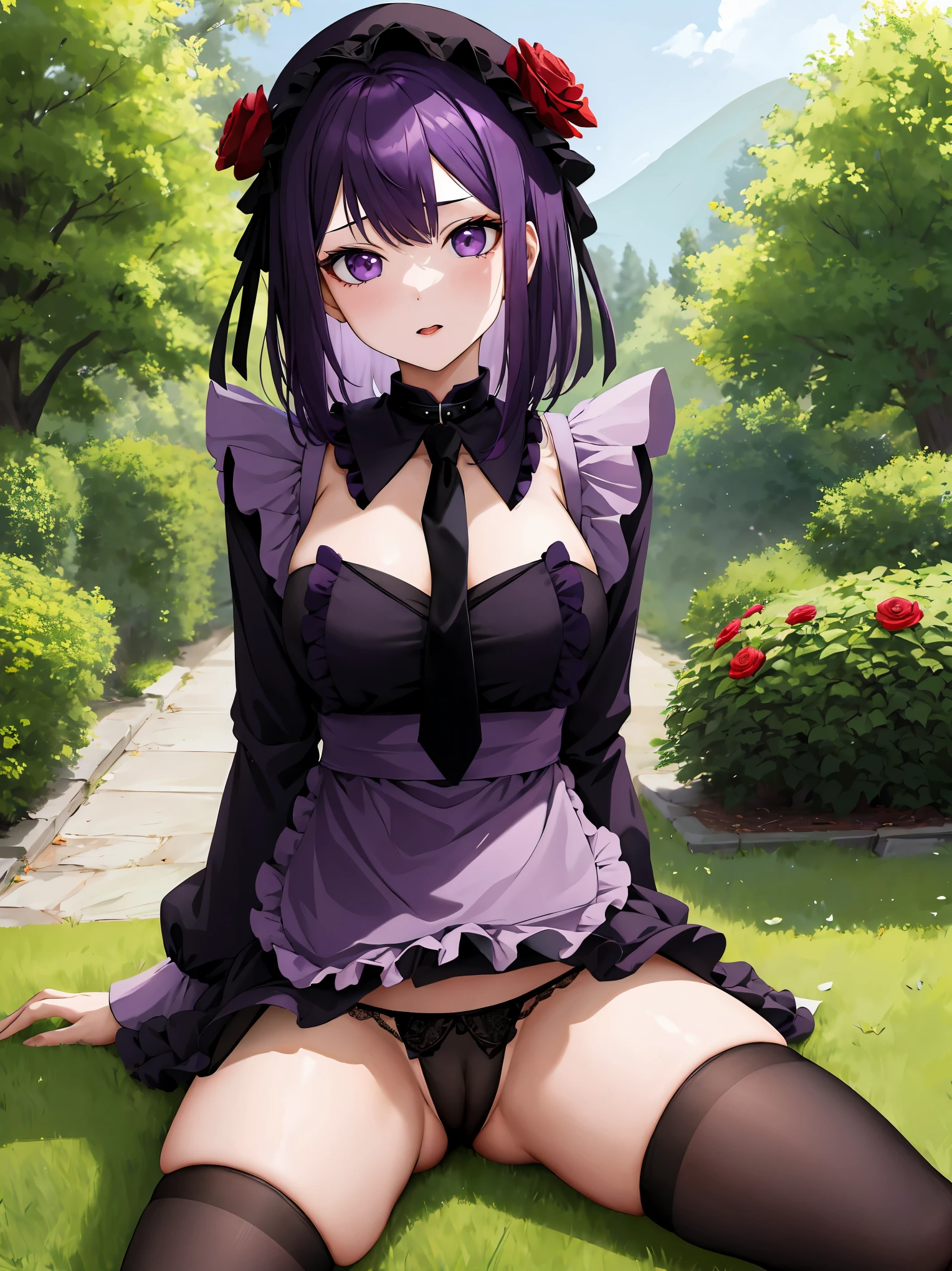 masterpiece, best quality, highres, kitagawa marin, 1girl, purple hair, medium hair, purple eyes, bonnet, red rose, collar, gothic, frills, black dress, black necktie, cleavage, long sleeves, white apron, thighhighs, sitting, spread legs, panty shot, outdoors