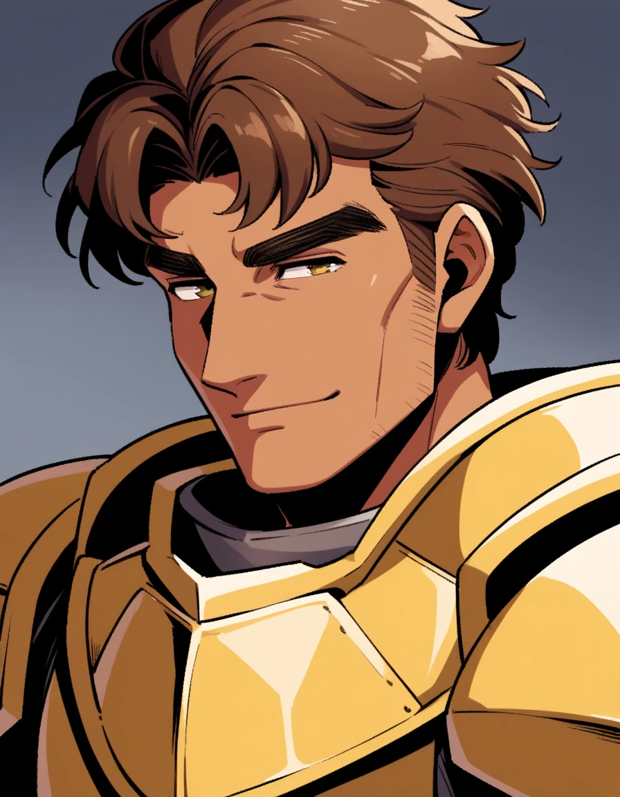1980s, 1father, musclar Knight, solo, parted bangs, upper waist, 40yo, brown hair, evergreen eyes, red full plate armor, thick brown eyebrow, sanpaku, tanned skin, small eyes, light smile, top of head in frame, [facial wrinkles], visual novel, short hair male