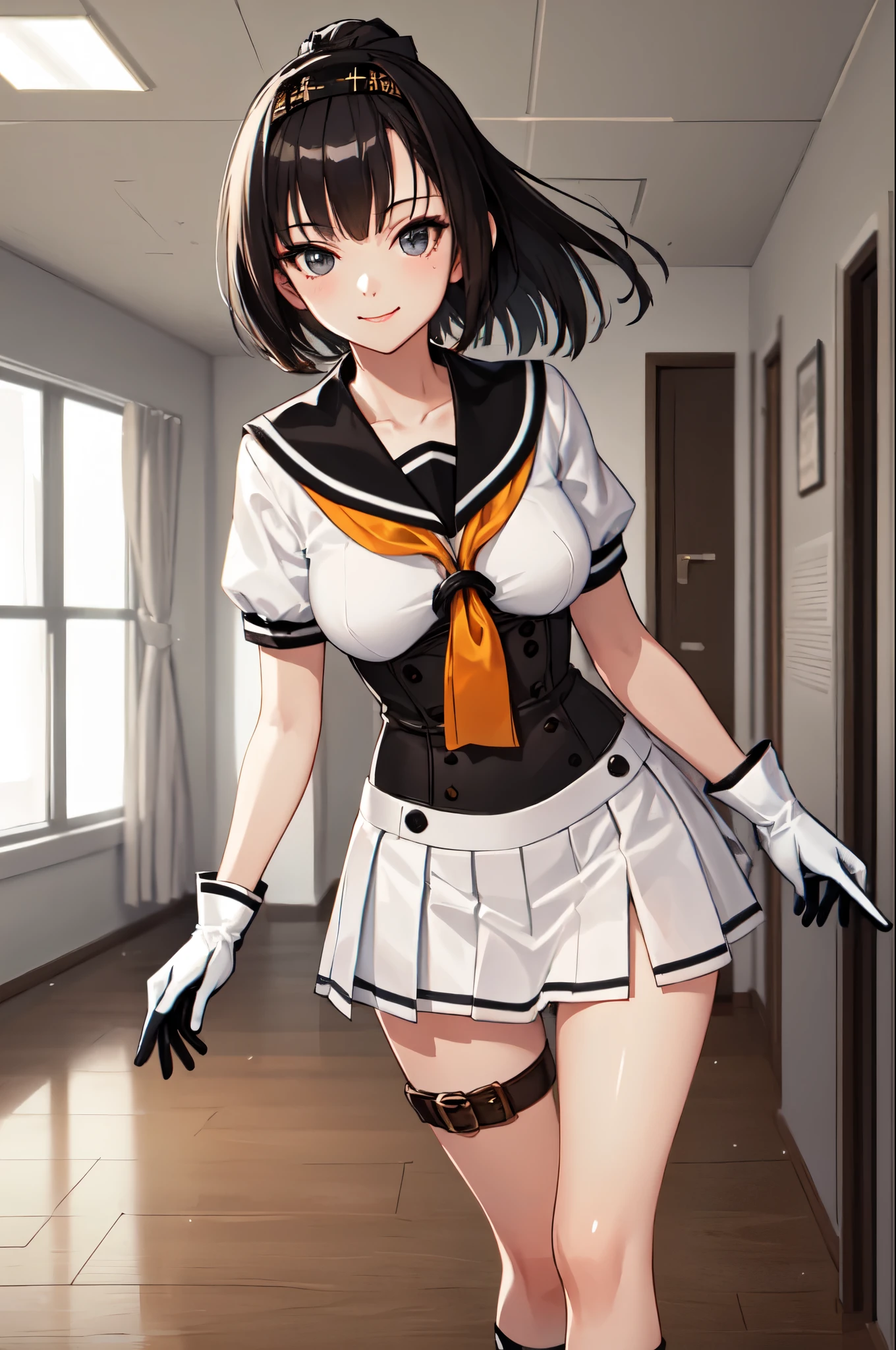 (masterpiece, highest quality:1.4), highest quality, masterpiece, High resolution,
(perfect anatomy), (symmetrical eyes, Super detailed eyes, beautiful eyes), (sharp eyeliner, Super detailed face, beautiful face), (black eyes),
break
1girl, alone,
QiuyueKC, (Qiuyue) uniform, (black) headband, (black) sailor collar, (yellow) neckerchief, (colorful) gloves, (white) pleated skirt, (gray) boots, (white)(black) gloves, (right side) thigh strap,(short sleeve) serafuku, (gray) corset, mini skirt,
break
looking at viewer, cowboy shot, towards the viewer, smile, (indoor, office, living room),
break
