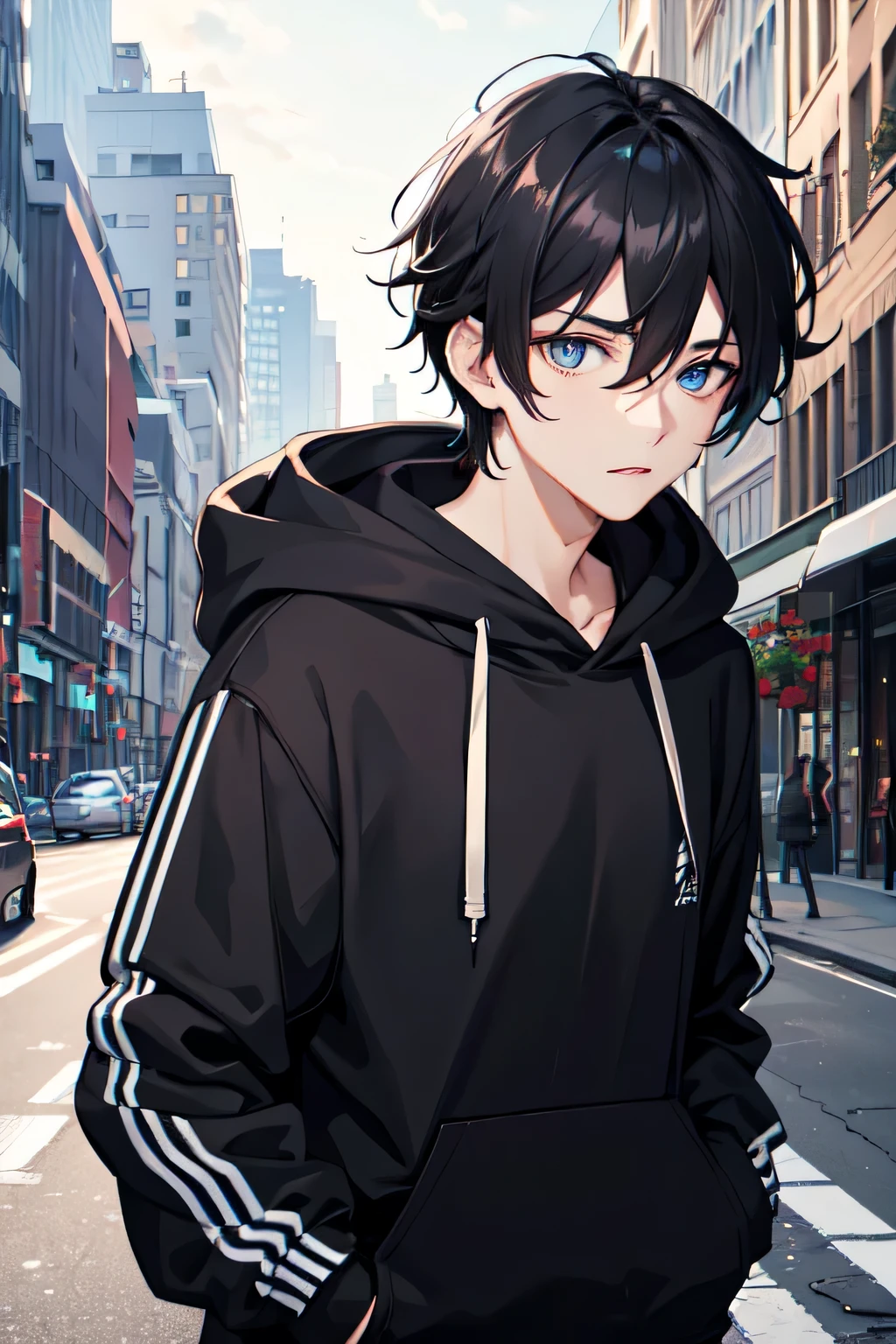 1boy,city,black Lakers hoodie,tied hair,black hair,blue eyes,using piercing