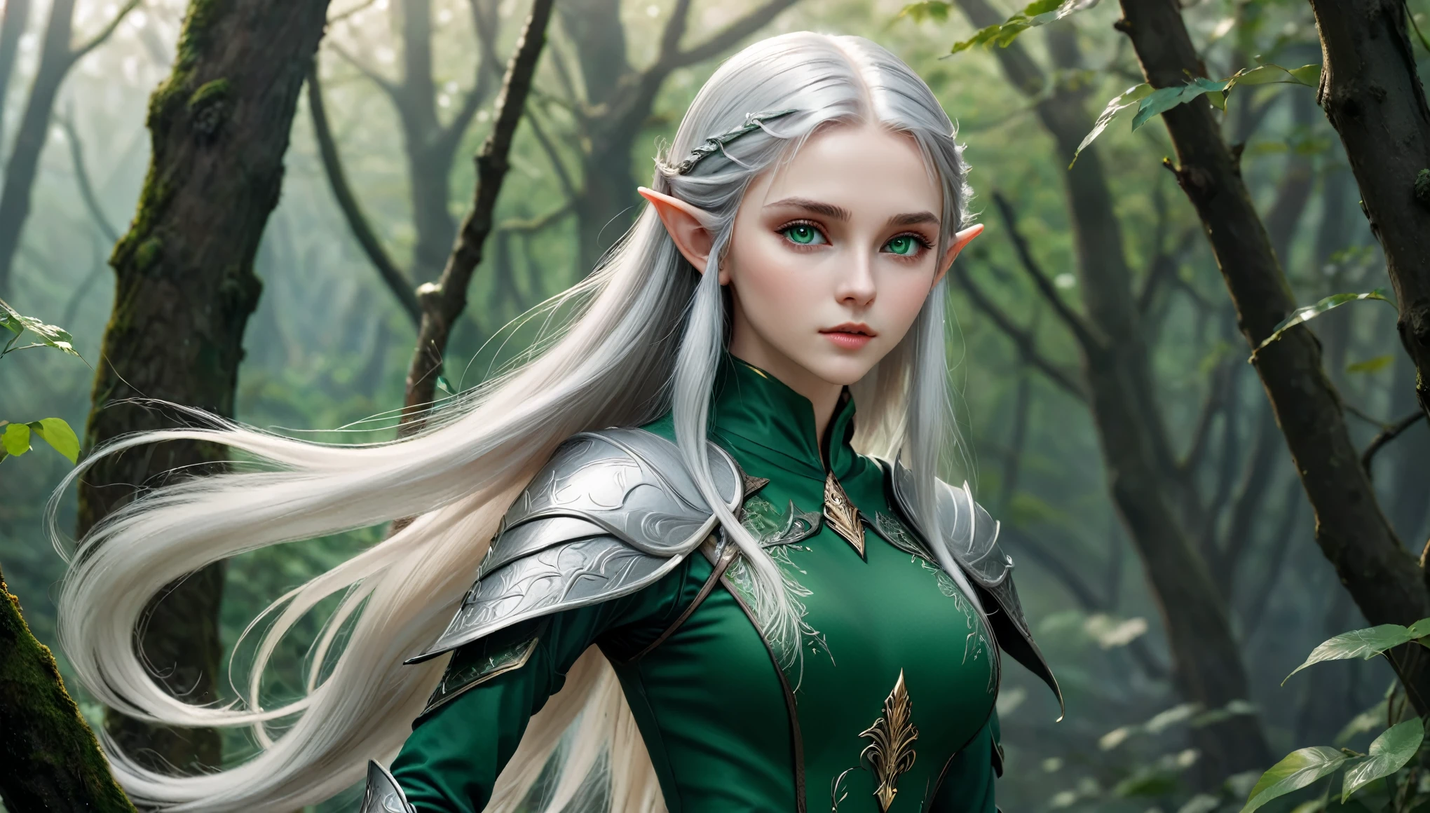 (master piece), 8k, best quality, panoramic view, full body view, Elf, young, 17 years old, with slightly flushed white skin, subtly contrasting with her long, silver hair. Her body was slender and athletic, with a height of 168cm that gave her a natural elegance. Her green eyes, detailed warrior outfit conservative, apprehensive, desperate.