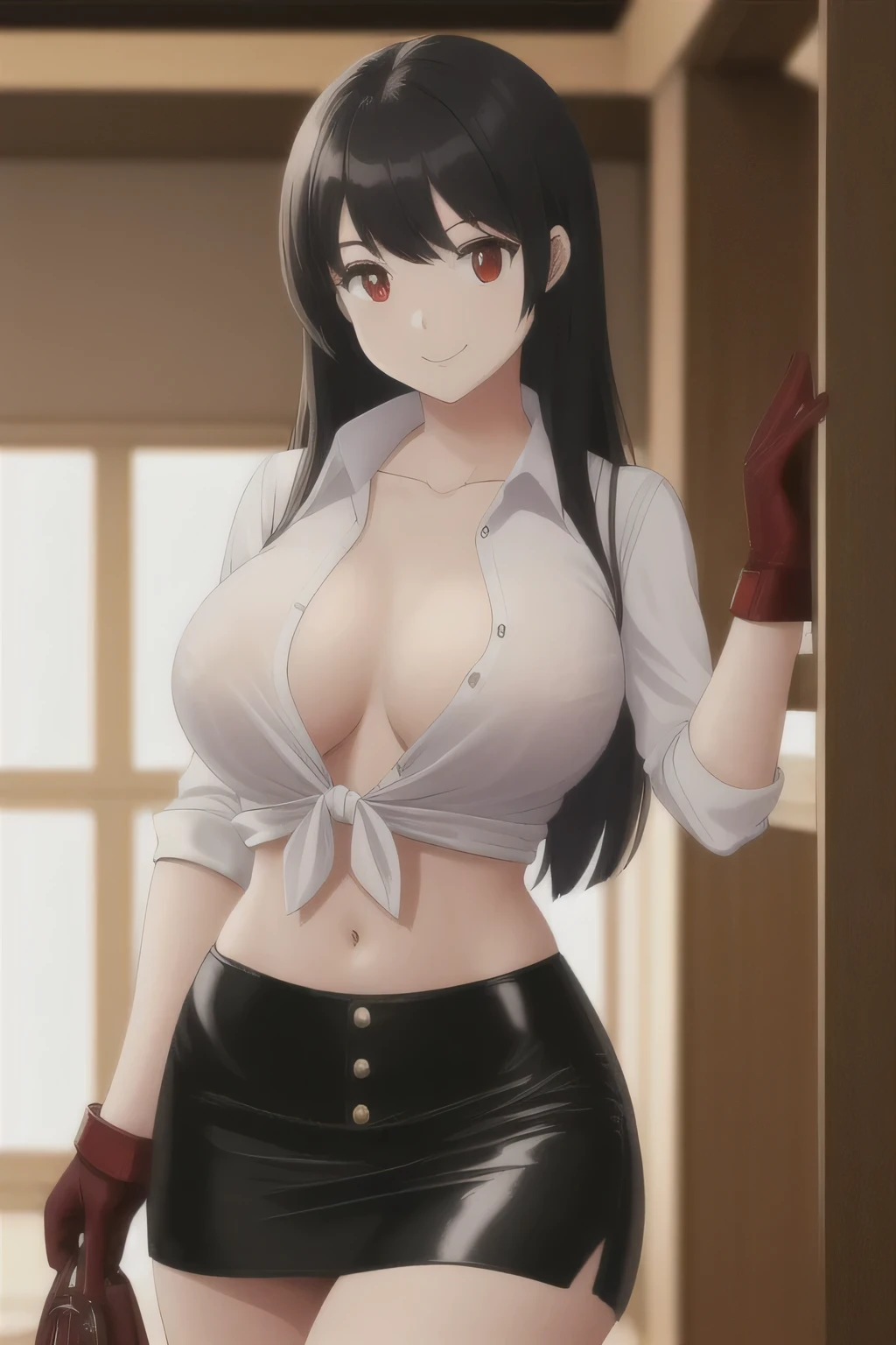 A tall sexy girl with a big chest and longer black hair with red eyes wears a white button-down shirt tied with a knot and shows her navel and her black leather miniskirt and puts on a red glove and smiles happily. 