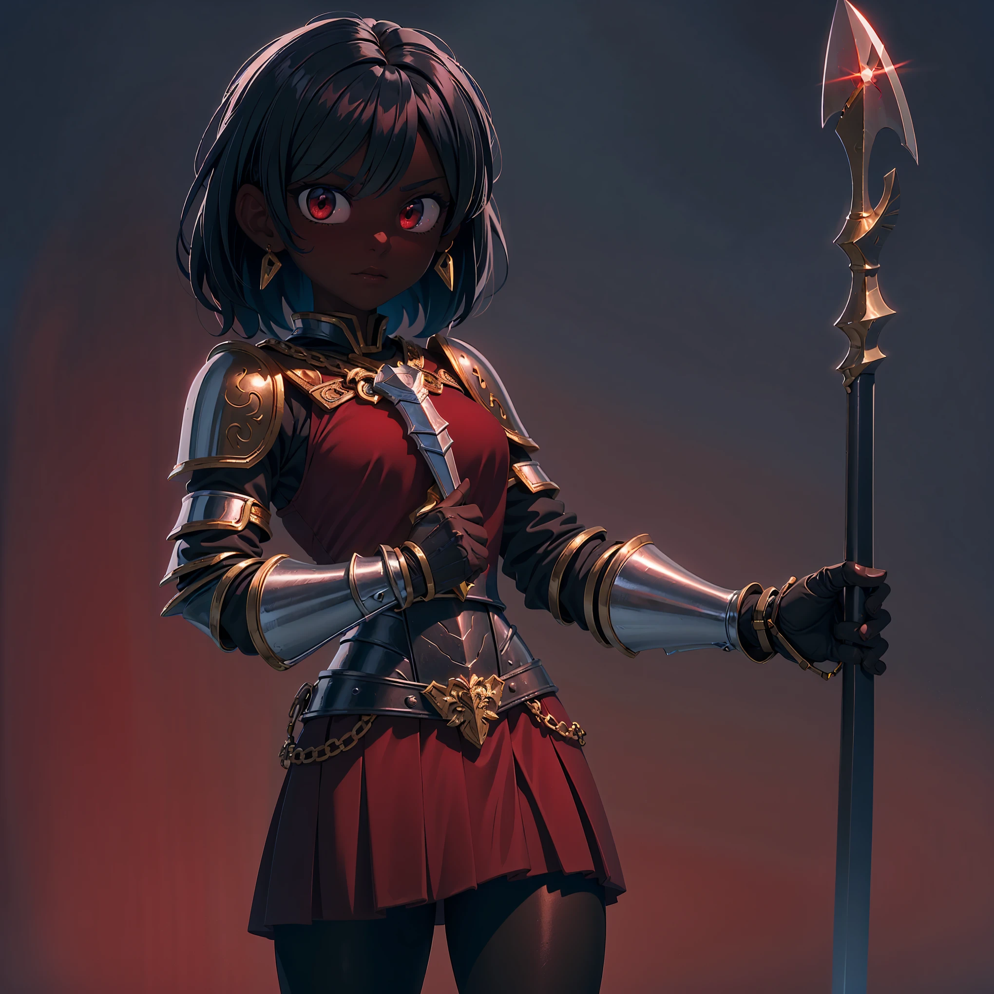 glistening armor, glistening gold, glistening spear, shiny effect, small tomboy, dark skin, short black hair, red eyes, breastplate armor, holding a spear in her hand, red skirt, red adornments, blue gradient background