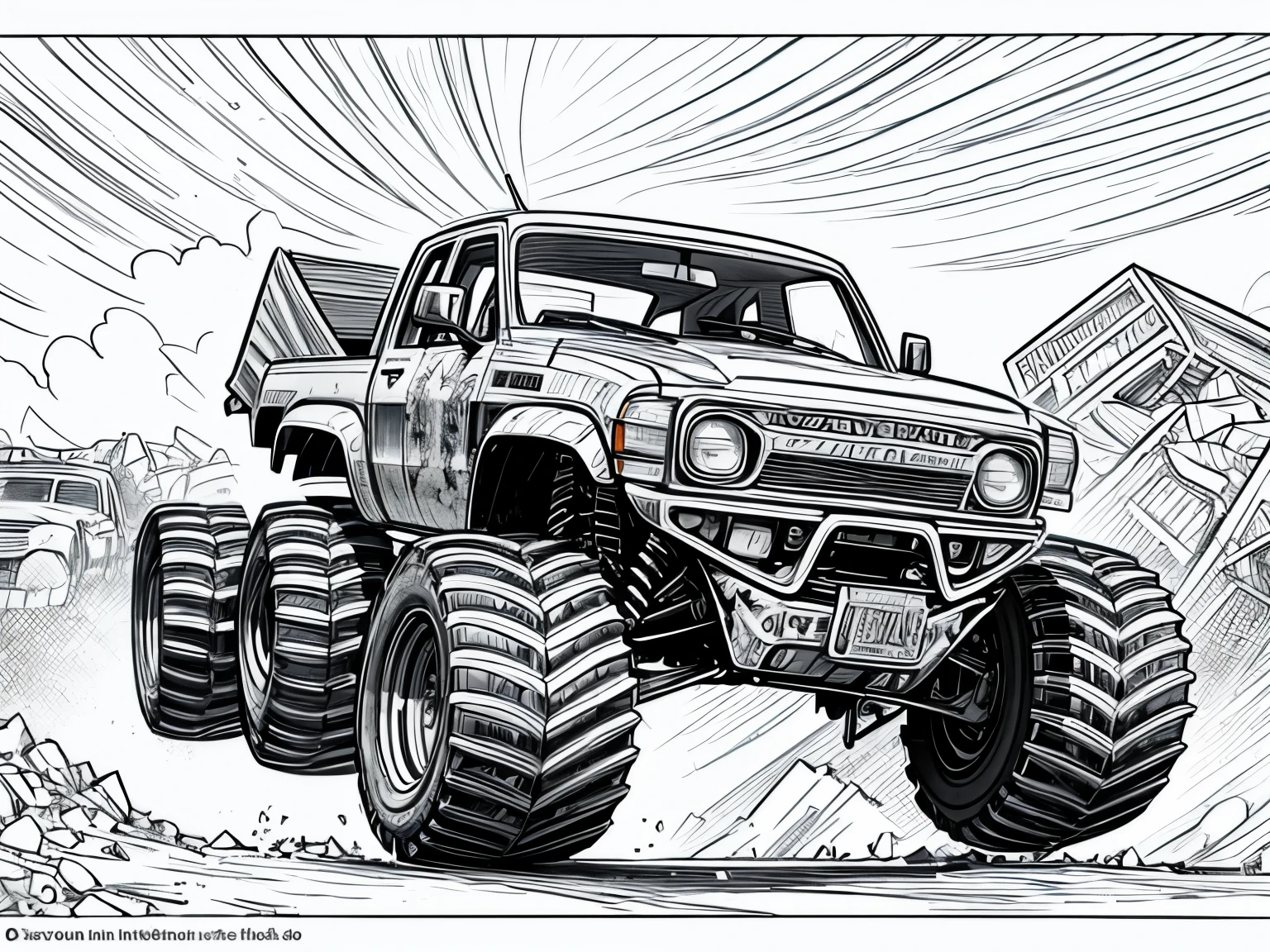 Please generate just the outline or stroke of this drawing so I can use it in a coloring book: A Monster Truck crushing old cars in a car dump
