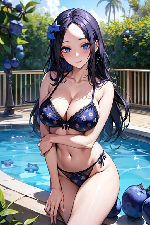 ((Black hair))), long hair, (((blue eyes))),(((forehead))) sexy, large breasts, beautiful body, masterpiece, smile, (((Blueberry print lingerie))),sexy lingerie, hotel swimming pool,busty, buxom, curvy, voluptuous,Sexual Intercourse,