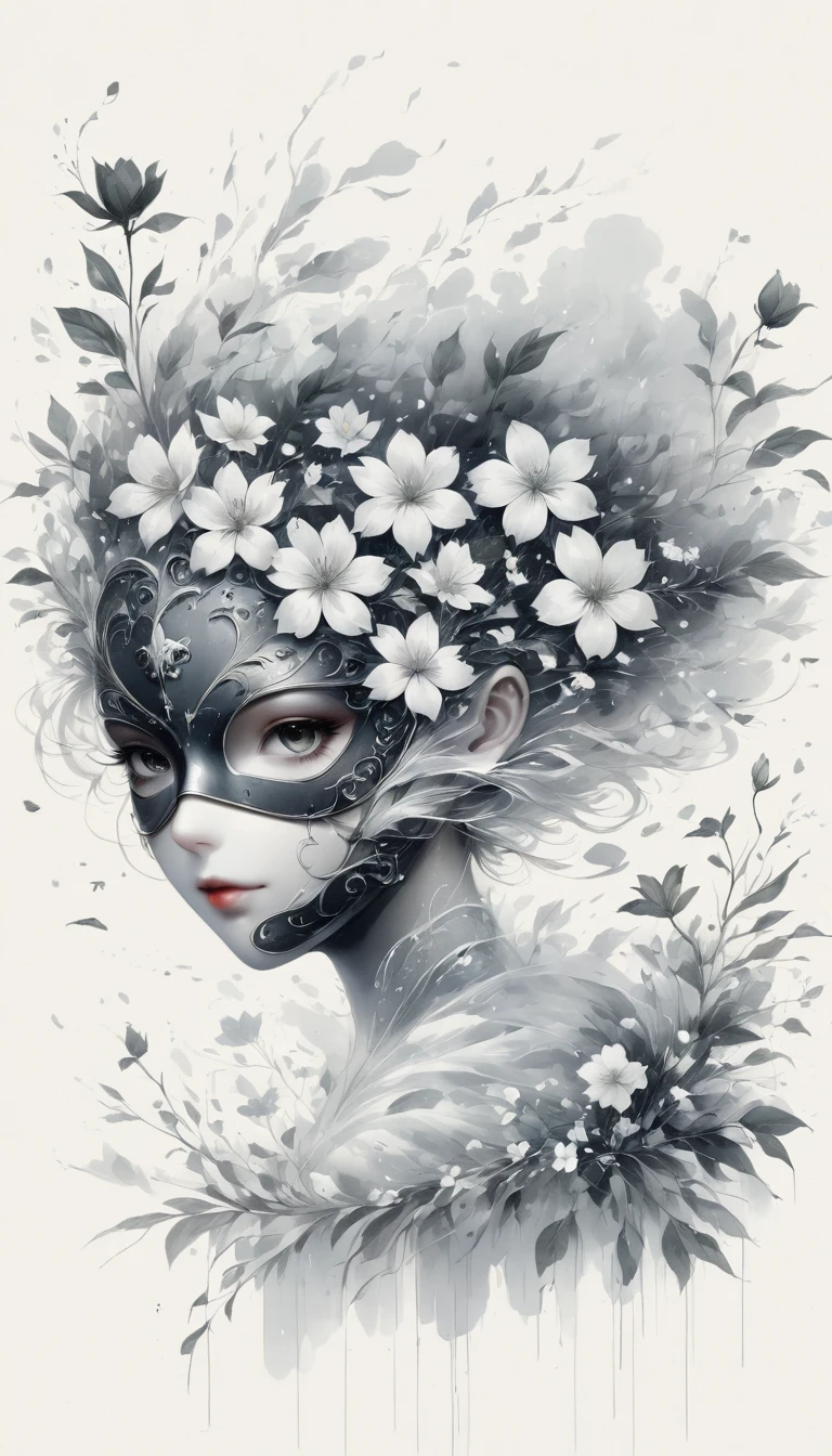 (Anime line drawing:1.5),(black and white painting:1.45),Minimalism,(line art:1.6),sketch,Charcoal drawing,mask,flower,Illustration in surreal art style,surreal dream,Dubrec style,(multiple exposure:1.8),Dreams of happiness,