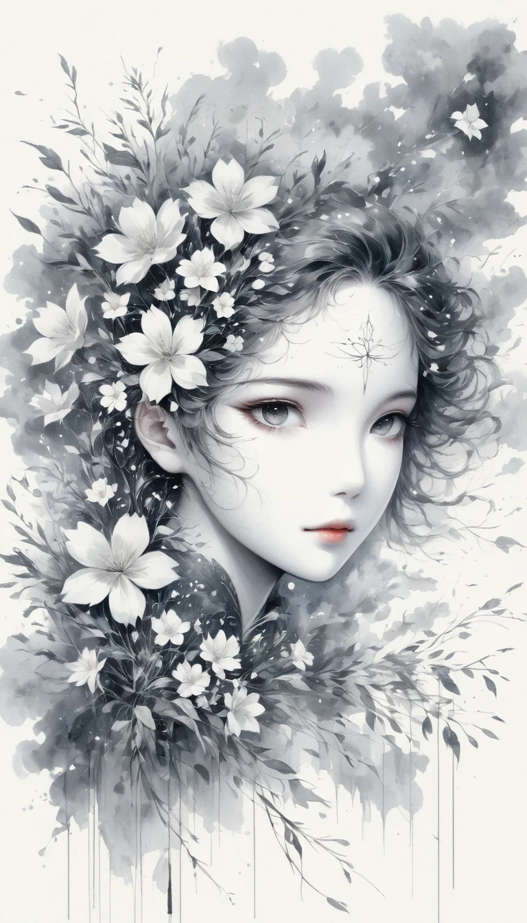 (Anime line drawing:1.5)，(black and white painting:1.45)，Minimalism，(line art:1.6)，sketch，Charcoal drawing，mask，flower,Illustration in surreal art style，surreal dream，Dubrec style,(multiple exposure：1.8),Dreams of happiness，