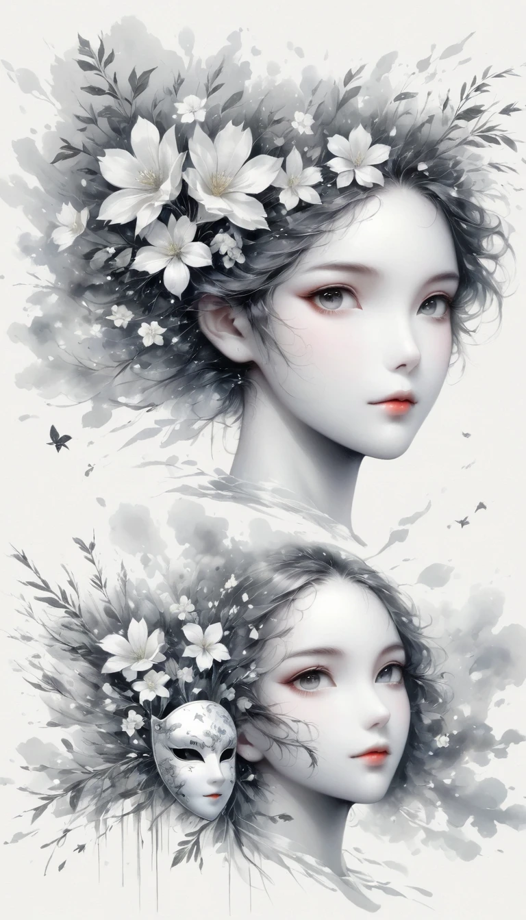 (Anime line drawing:1.5),(black and white painting:1.45),Minimalism,(line art:1.6),sketch,Charcoal drawing,mask,flower,Illustration in surreal art style,surreal dream,Dubrec style,(multiple exposure:1.8),Dreams of happiness,