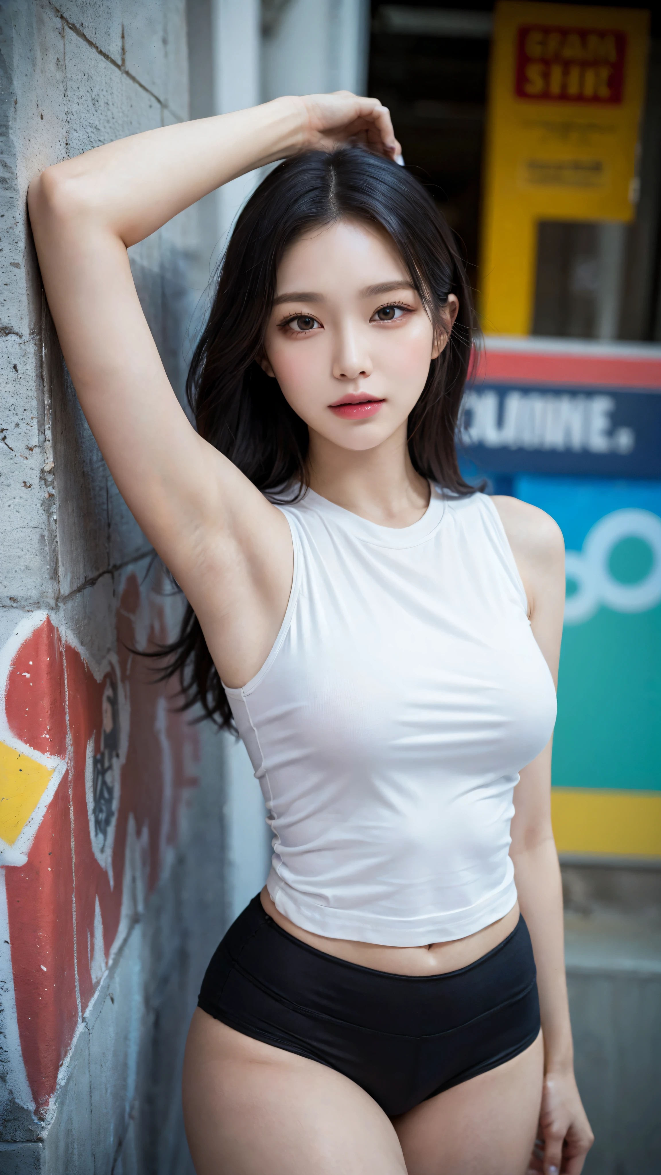 Masterpiece: 1.25, Best quality, High resolution:1.35, RAW photo:1.2, Photorealistic:1.37, Hyper-realistic, 16K, ((1girl)), Cute face, Long eyelashes, detailed eyelashes, eye shadows, glowing eyes, realistic eyes, Natural makeup, Clear facial features, Curvy build, Skinny, Slender body, Fine detailed beautiful eyes: 1.2, Happy Expression, Ulzzang, Erotic thighs, Lustrous skin, Photon maping, Cinematic lighting, Cowboy shot, (Tight sleeveless shirt), Show armpits, Small perky breast, Standing pose in front of solid grafitti wall