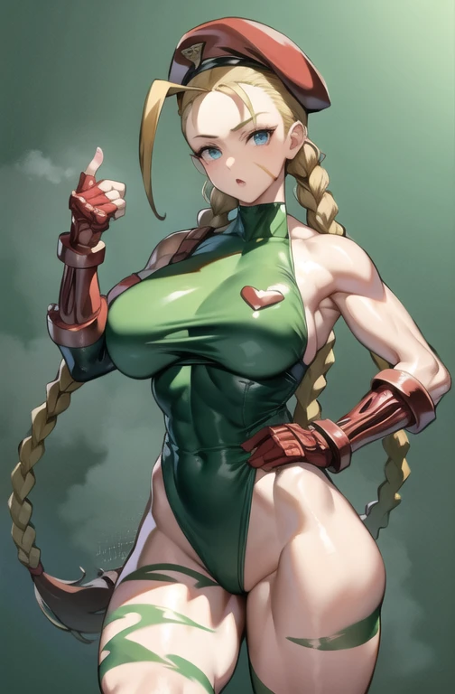  big breasts, thick thighs, cammy white, twin braids, long hair, blonde hair, antenna hair, beret, (red headwear:1.3), blue eyes, scar on cheek, green leotard, large breasts, sleeveless, red gloves, fingerless gloves, camouflage