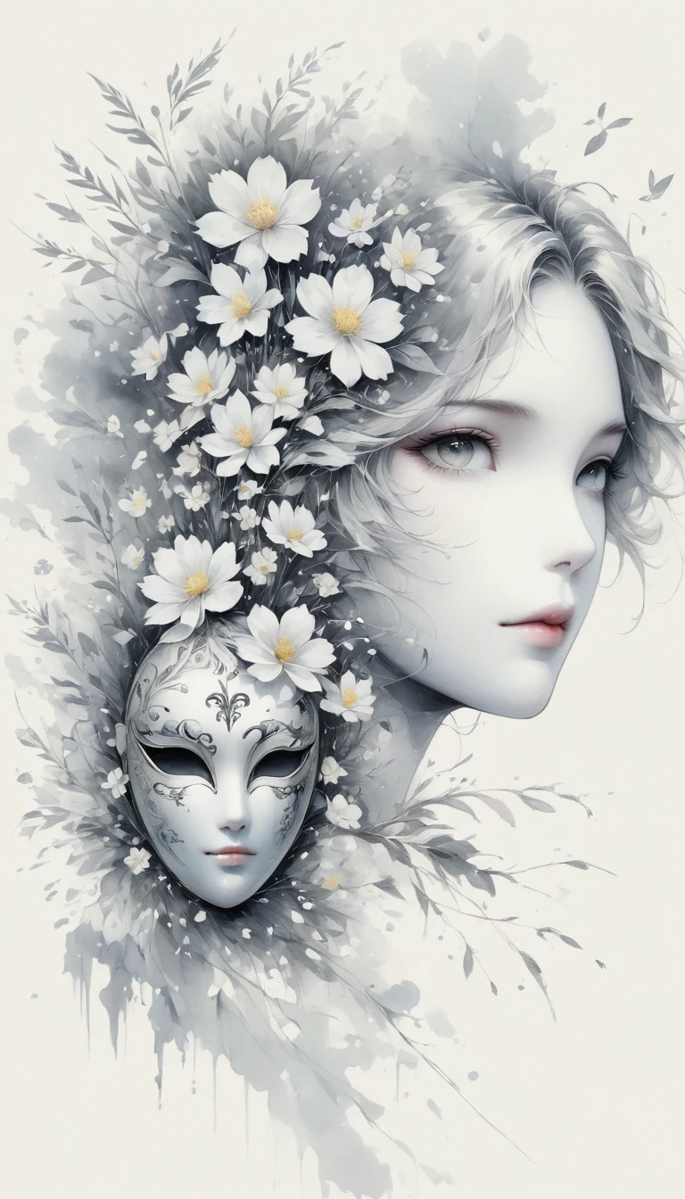 (Anime line drawing:1.5),(black and white painting:1.45),Minimalism,(line art:1.ketch,Charcoal drawing,mask,flower,Illustration in surreal art style,surreal dream,Dubrec style,(multiple exposure:1.8),Dreams of happiness,