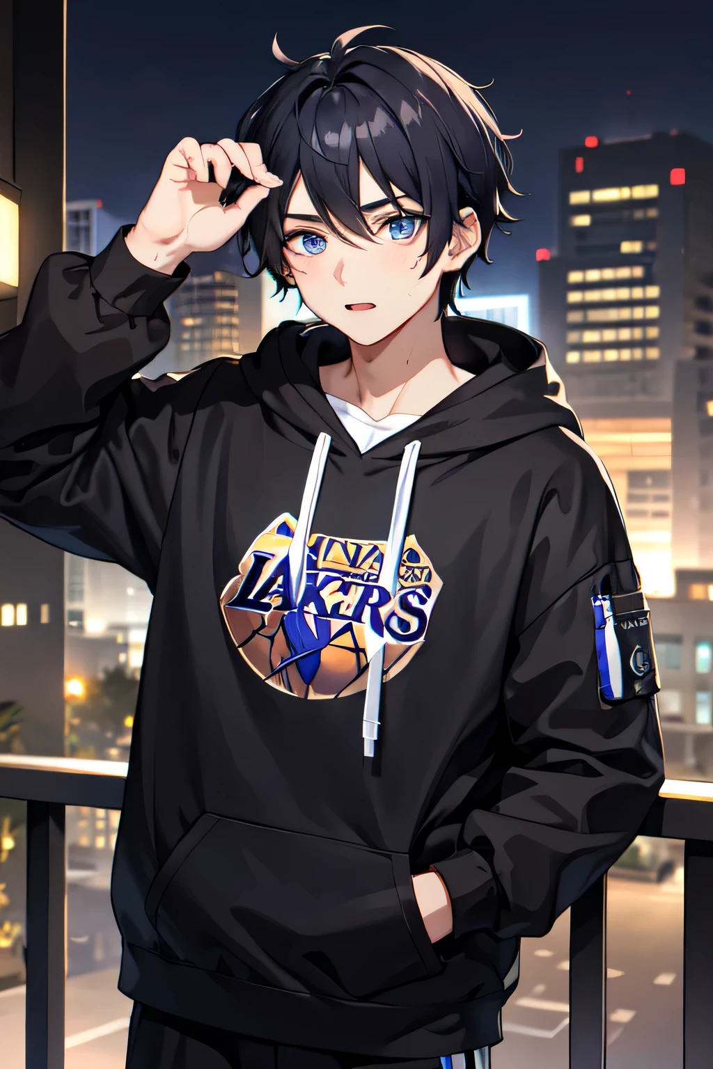 1boy,city,Lakers nba hoodie,tied hair,black hair,blue eyes,using piercing