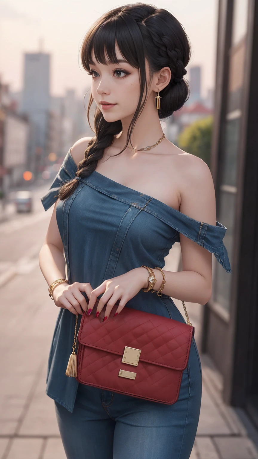 最high quality, 8K, masterpiece: 1.3, Ultra HD, high quality, 最high quality, High resolution, realism)) 、slender、slenderだがアスリートのような細マッチョ、I don't want my head to disappear from the screen.、Wear accessories on your wrist、Wearing red nail polish、I have a peticure、aerial perspective((atmospheric perspective))、smile((smiley))、background blur((depth of field)、Wear a sheer one-shoulder dress、Wear low rise skinny jeans、Wear stiletto heels、have a clutch bag、City center background、crystal earrings((crystal earrings))、Double braid in low position((low twin braids))、Braided ponytail((braided ponytail))、Bangs at the parting((parted bangs))、Barrette((hairclip))Put on