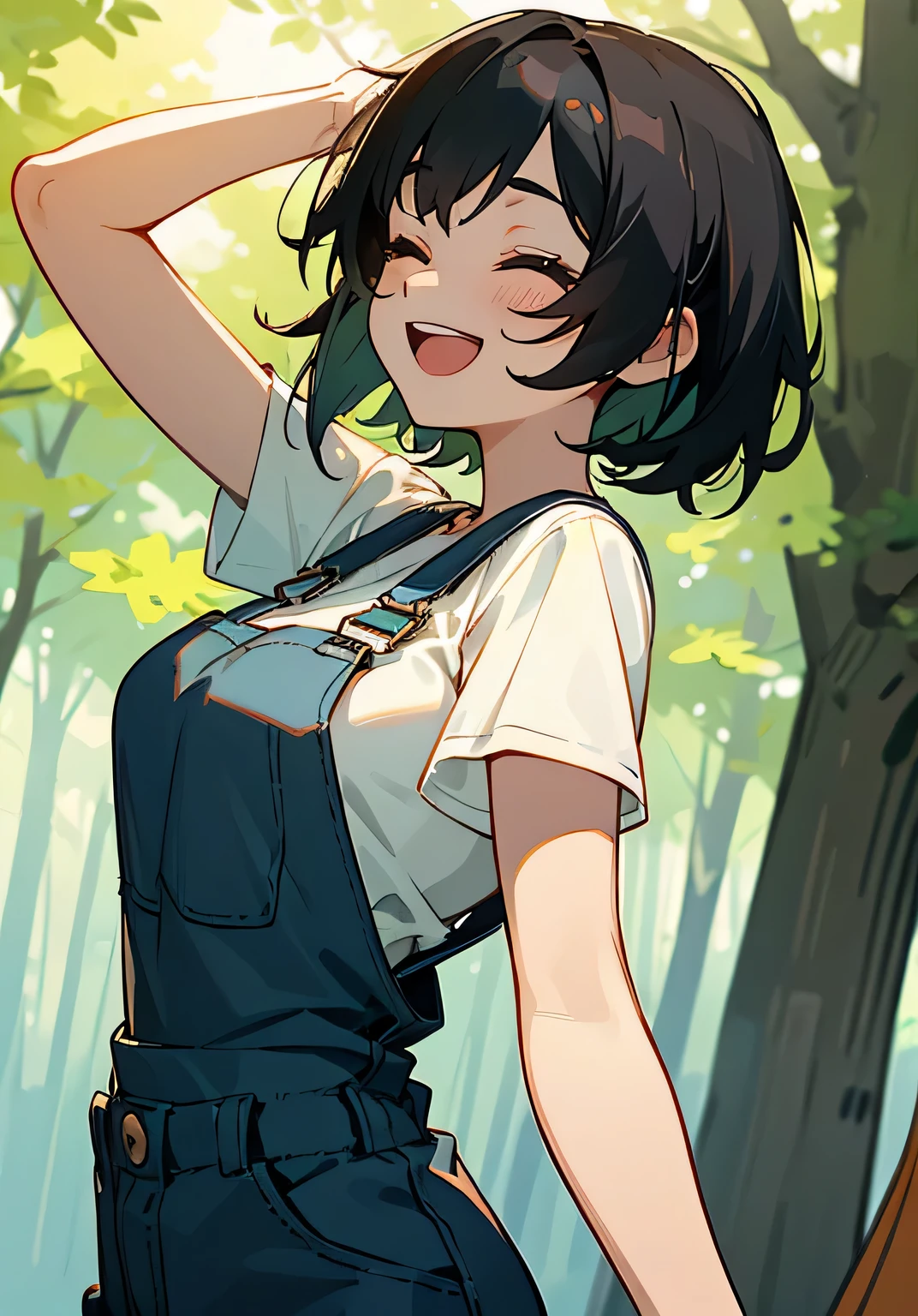 {best quality},sunny、forest、camping、black hair short cut、Female college student、Large beautiful breasts、oversized t-shirt、overalls、big smile、open　mouth、close eyes、Low angle 、cowboy shot