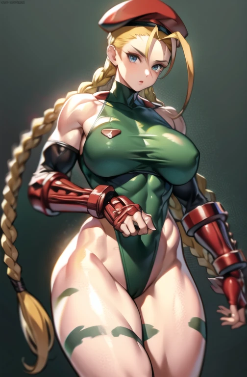 big breasts, thick thighs, cammy white, twin braids, long hair, blonde hair, antenna hair, beret, (red headwear:1.3), blue eyes, scar on cheek, green leotard, large breasts, sleeveless, red gloves, fingerless gloves, camouflage