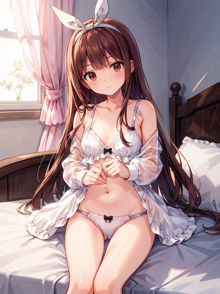 masterpiece, beautiful illustrations, highest quality, pretty girl, 1girl, Bedroom, pastel colour, (two-separated lingerie), cute lingerie, reddish brown long hair, headband, bright lighting, presenting, looking at viewer, on bed