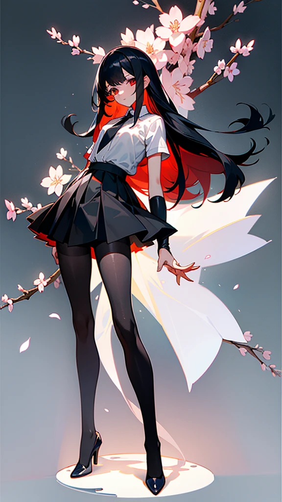 ((master piece)),girl(Translucent white short-sleeved shirt),((Black Skirt)),(translucent black overknee stockings),(adorable),(I'm shy),Nice red eyes,(long black hair),long legs,super detailed,hand,two legs,five fingers(full body esbian), (look down), (look straight at the viewer), (side body), (Are standing),cherry blossoms