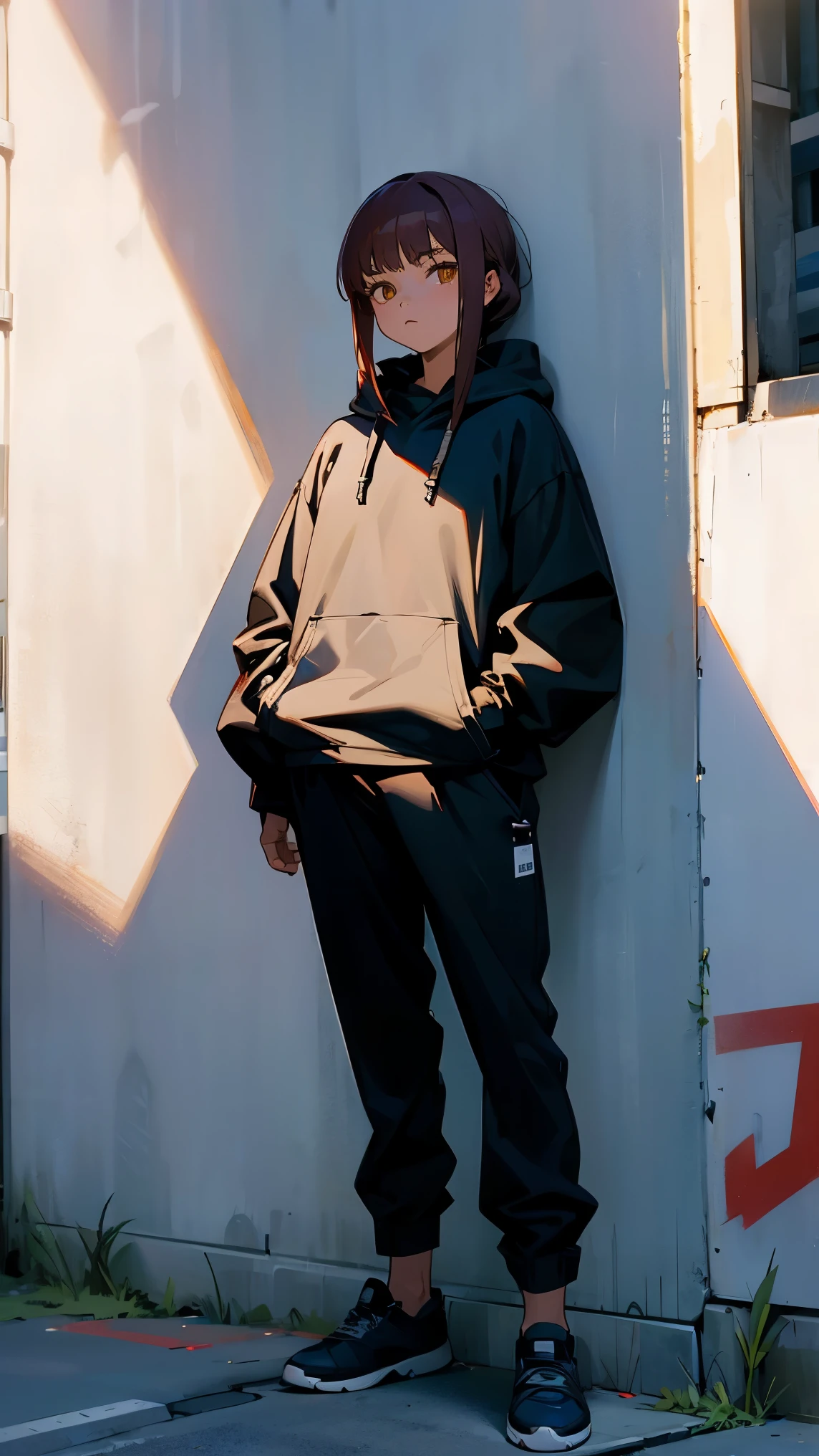 Makima wearing only black hoodie and nothing under it and standing leaning back on Graffiti wall (Evening time)(Dull evening sunlight ) Looking at the camera.(straight angle)(Full body)