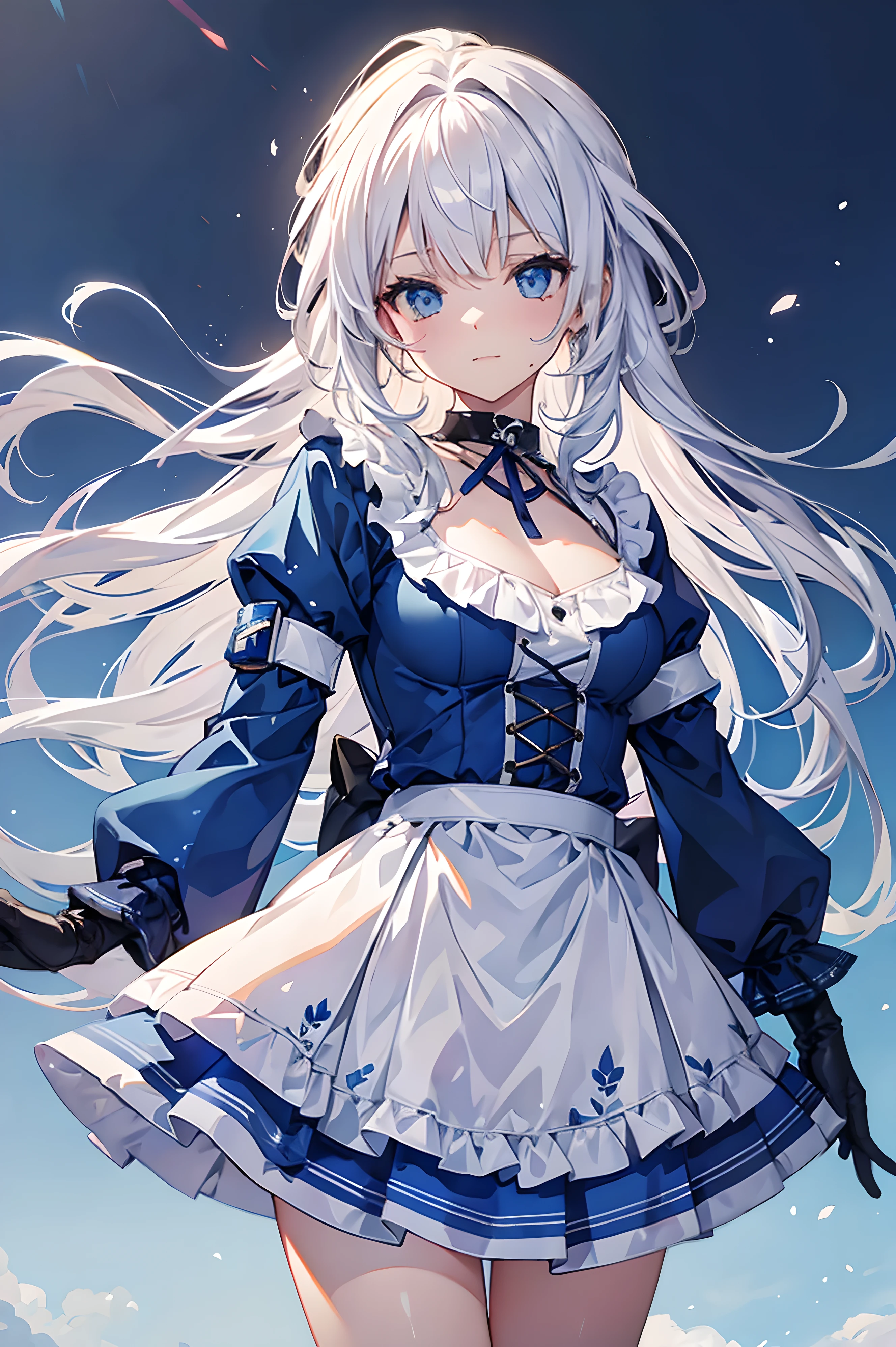 (8K, highest quality, masterpiece:1.2),(blue coloured eye),((Clothes details)),High-definition CG Unity 8k, focus, realistic, shadow, soft lighting, Cowboy shot, white hair, flutter hair, gorgeous, warm smile, Village girl, high waist skirt, white skirt, long sleeves, ribbon, white dress, gloves, Choker noble necklace.