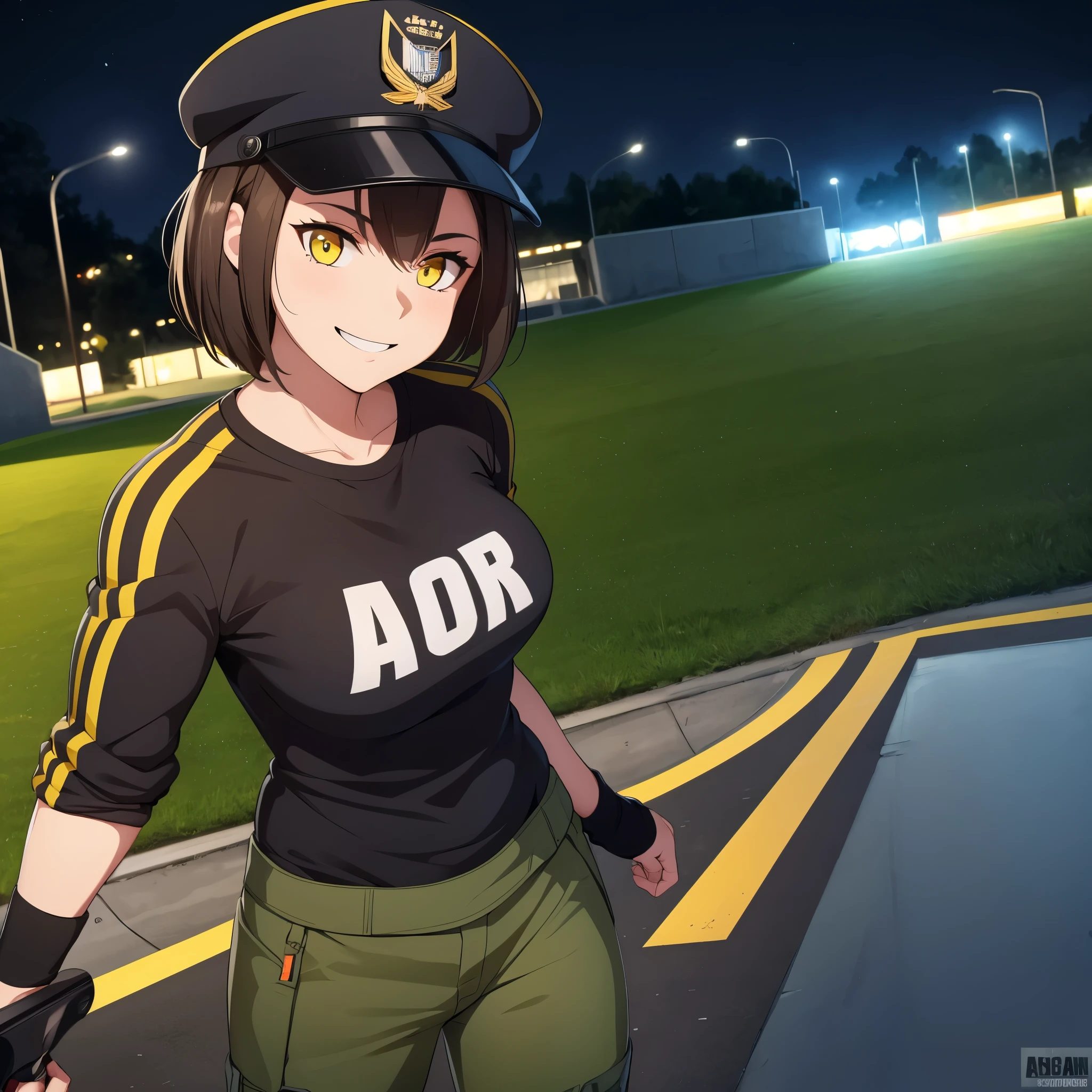 A woman wearing an American sports cap, army pants, wearing a black cap, short brown hair, yellow eyes, in a skate park, at night, lighting, smiling,HDR, ultra resolution, well defined, masterpiece, 8K HD.
