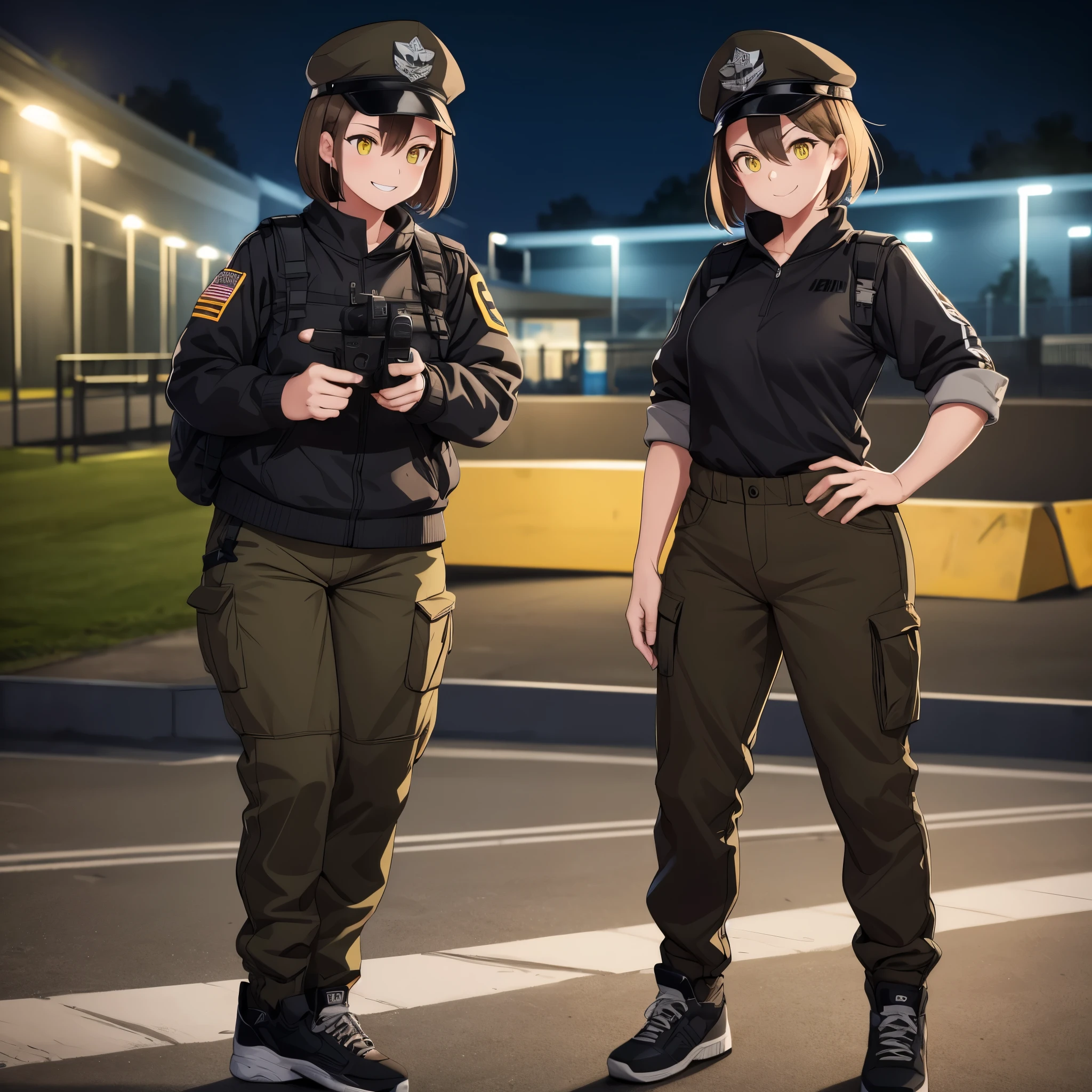 A woman wearing an American sports cap, army pants, wearing a black cap, short brown hair, yellow eyes, in a skate park, at night, lighting, smiling,HDR, ultra resolution, well defined, masterpiece, 8K HD.
