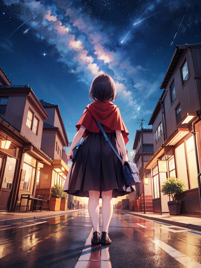night sky, city, 1 girl, Are standing, alone, full body, Plump short sleeves, cape, bag