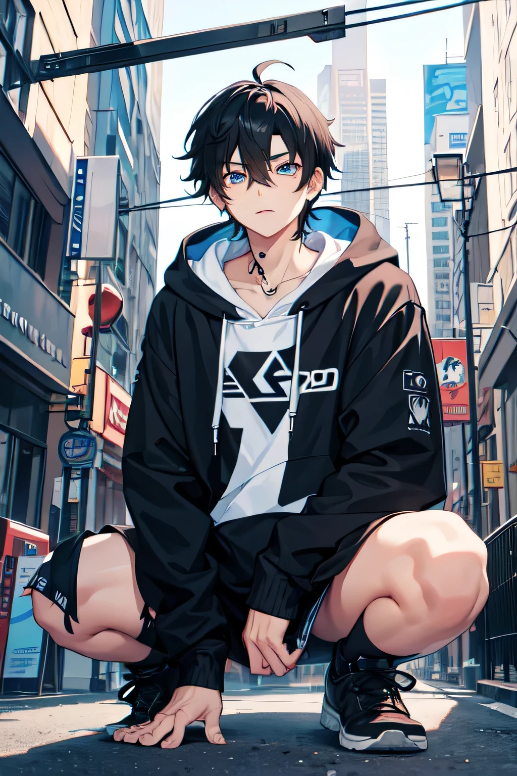 1boy,city,Volcom hoodie,tied hair,black hair,blue eyes,using piercing