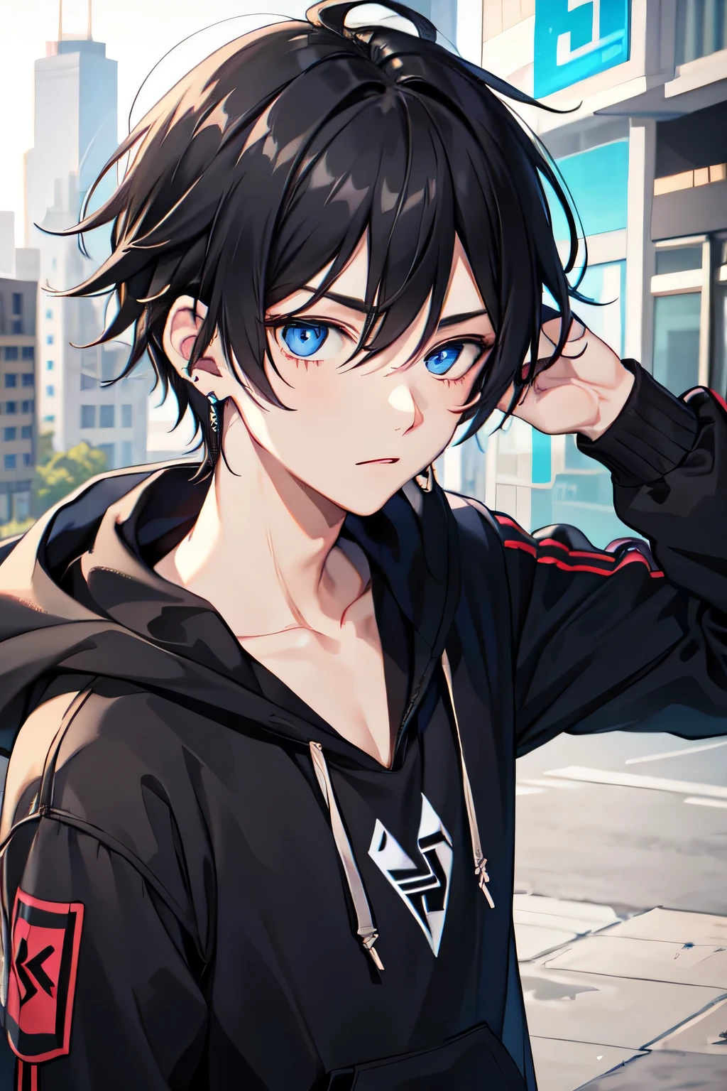 1boy,city,Volcom hoodie,tied hair,black hair,blue eyes,using piercing