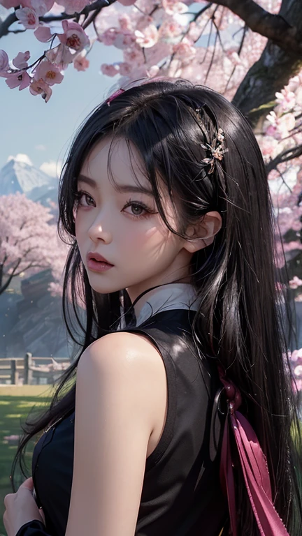 (best quality, masterpiece),(1girl, miko, coat, expression face, black eyes, looking at front ,black hair, walking, upper body), very sexy, sheer alluring dress, (night strray sky, huge old tree behind, falling glowing pink petals behind, shrine behind, mountain background, blowing wind, meteoric cloud)