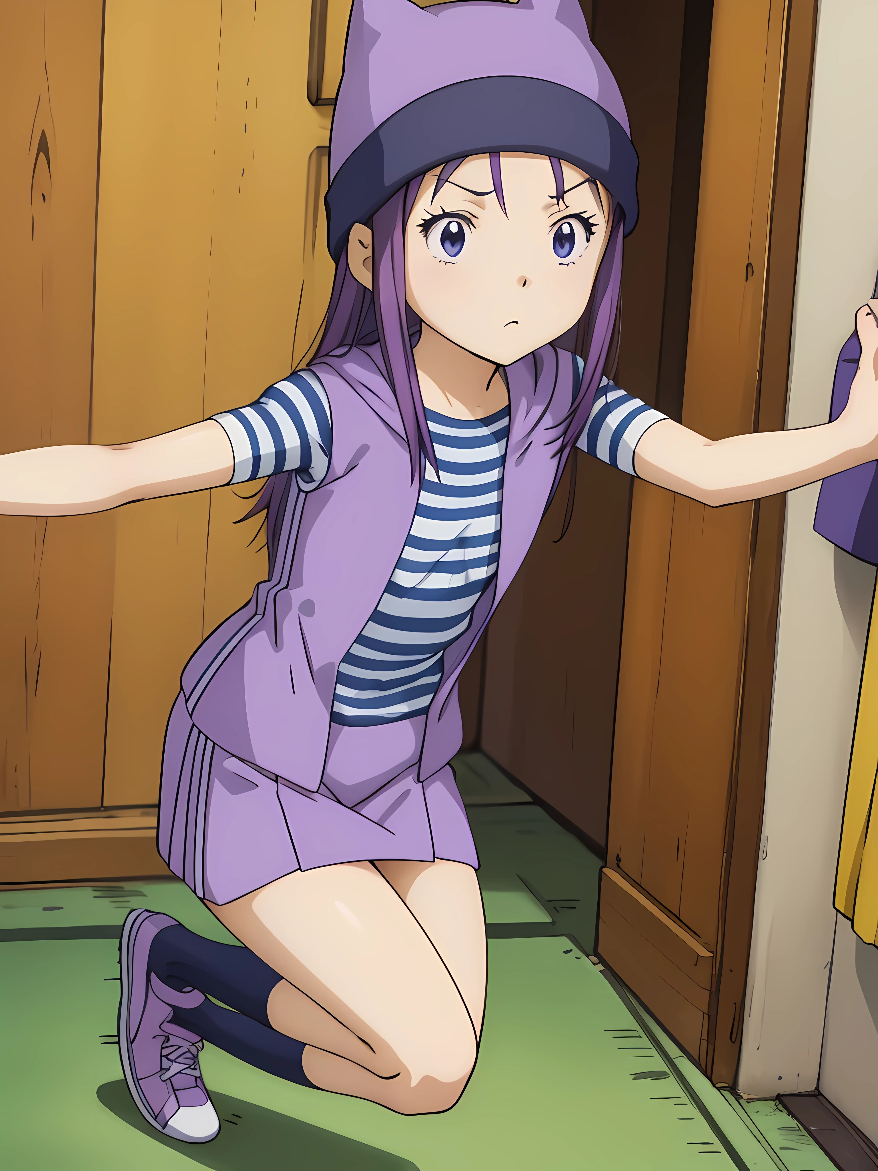 anime girl in uniform standing in doorway with arms outstretched, anime visual of a cute girl, still from tv anime, anime moe artstyle, the anime girl is running, still from anime, anime cgi style, the anime girl is crouching, rin, cel shaded anime, anime still, in the anime film, purple beanie, purple vest, purple miniskirt, blue white striped shirt, long purple socks, sneakers, purple vest, striped shirt, beanie, cat hat