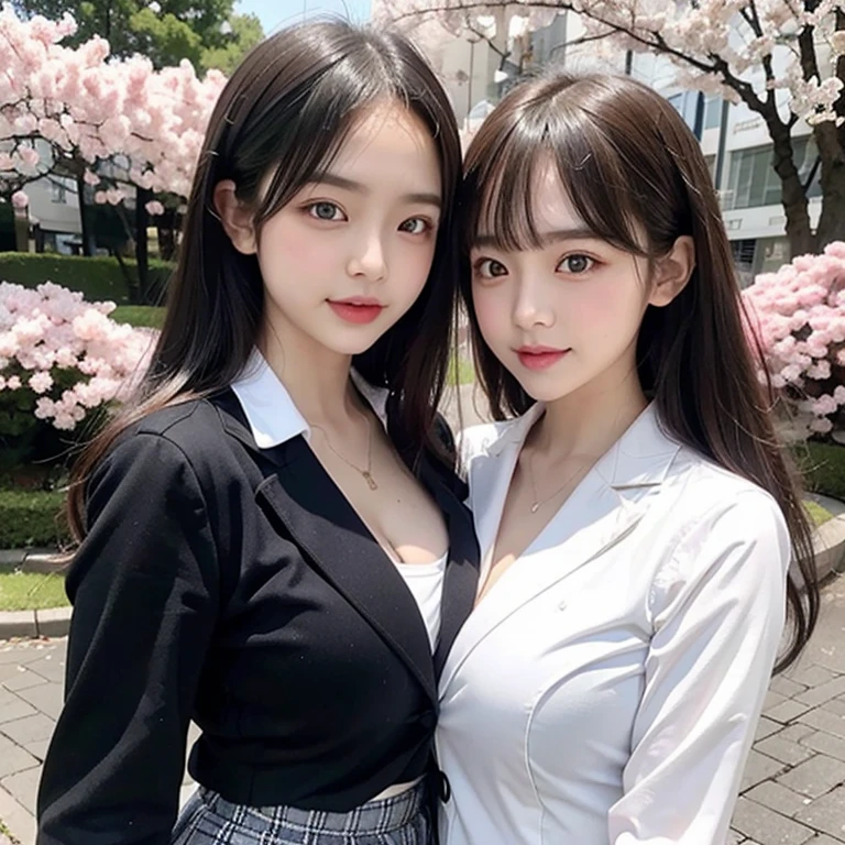 highest quality, High resolution, (realistic:1.2), 1 girl, Japanese beautiful girl, smile, big slit eyes, (big double eyelids:1.5), high definition eyes, plump cheeks, Dimples, light makeup, long black hair, slender, Are thin, small breasts, , dark blue double breasted blazer, White blouse with collar, cleavage, red ribbon, Grey plaid pleated skirt, strong light, Cherry blossom trees, spring,