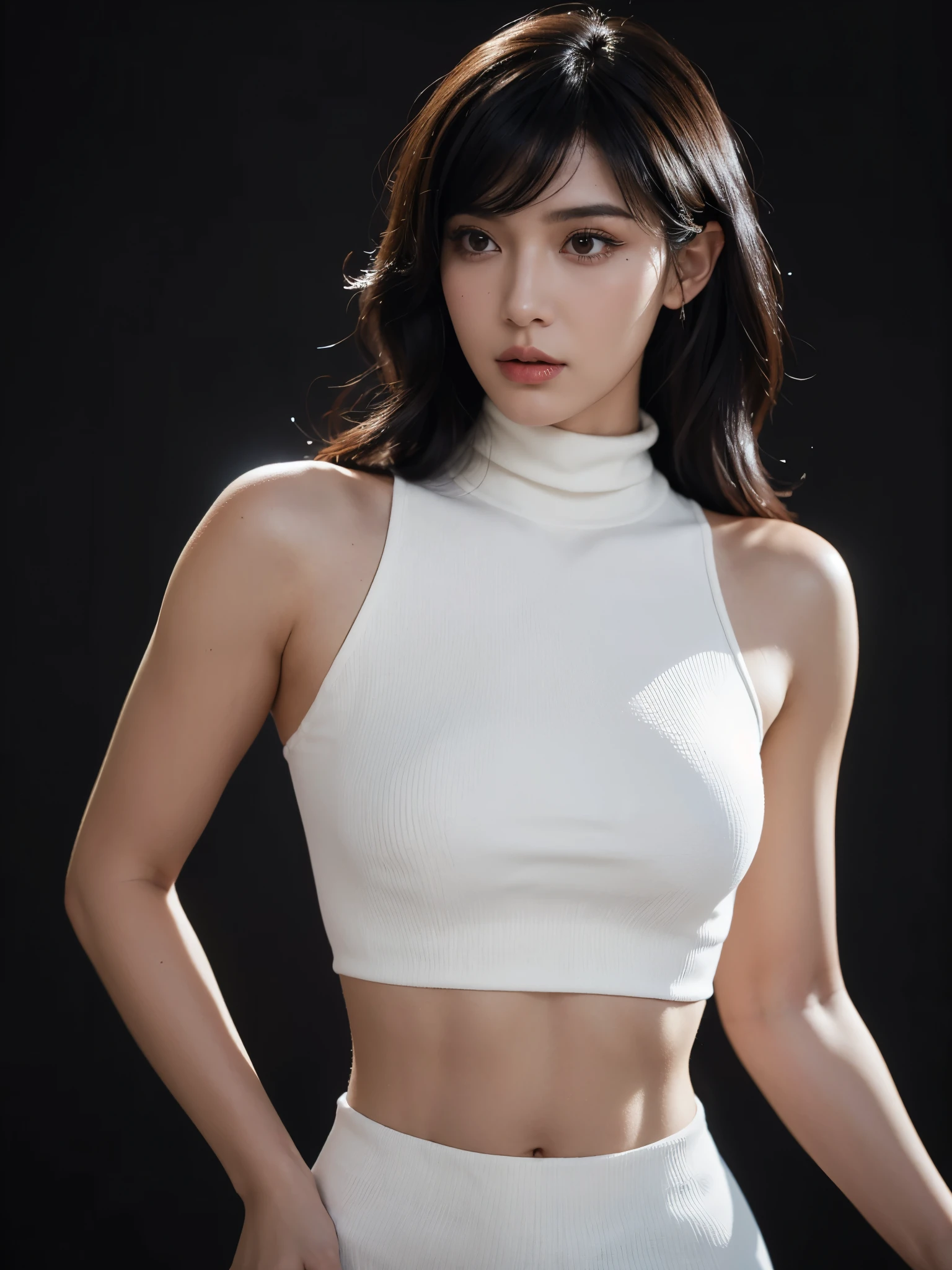 A stunning intricate full color portrait of (sks woman:1), wearing a red sleeveless turtleneck with cropped in the belly part, cropped turtleneck, pants, cool girl, dark plain background, epic character composition, by ilya kuvshinov, alessio albi, nina masic, sharp focus, natural lighting, subsurface scattering, f1.8, 35mm, film grain, black voluminous hair inspired by Pharah Overwatch, (((black long wavy hair with side-swept bang))), side-swept bang, best hair, candid, looking away