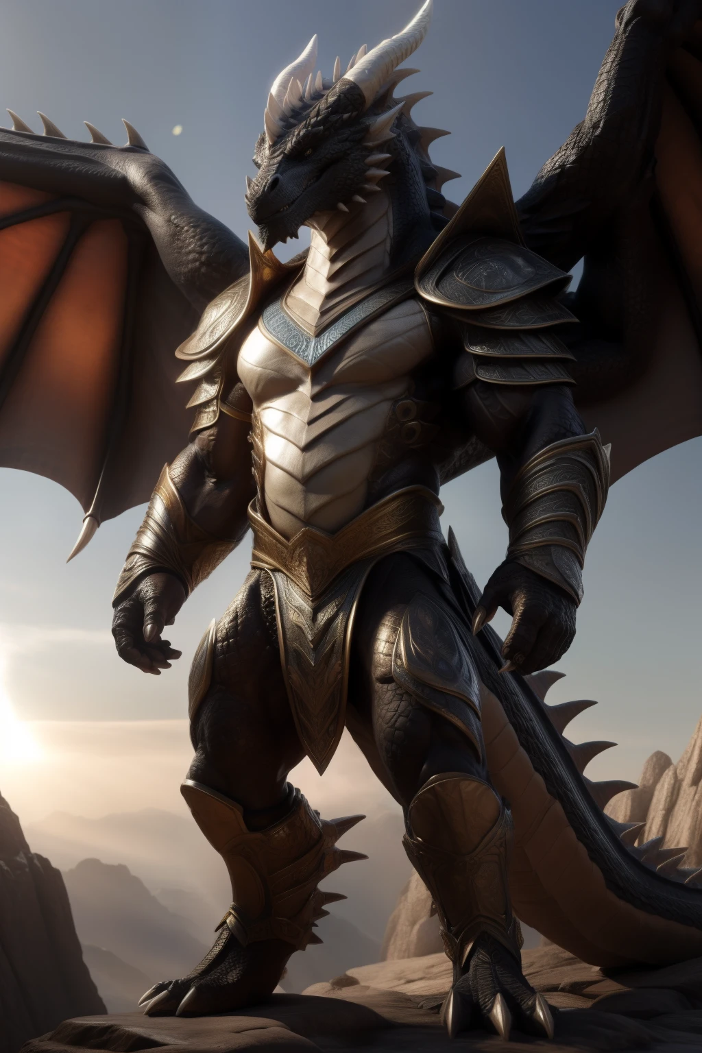 Velociraptor_Dino, dragonborn, male, anthro, dragon, (big dragon wings), (big dragon horns), (armor), (spear), (shield), standing, low contrast, single light source, volumetric lighting, bonemagic, energy stream, masterpiece, photorealism, realistic scale detail, realistic feather detail, extra detailed, high quality, tribal bodypaint, HDR